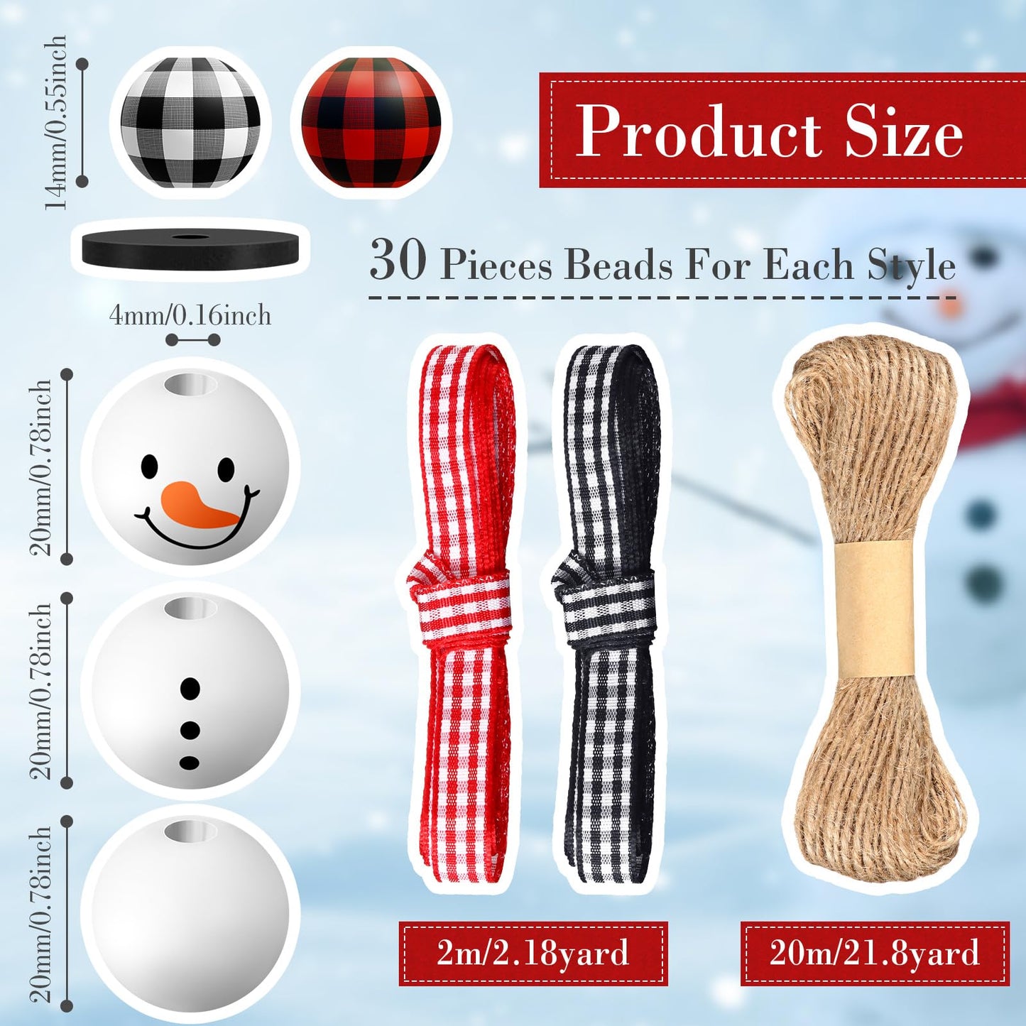 Landical 180 Piece DIY Christmas Snowman Wooden Bead Crafts Christmas DIY Ornaments Red Black Buffalo Plaid Wood Round Bead Xmas Print Wooden Beads with Twine Scarf for Crafts