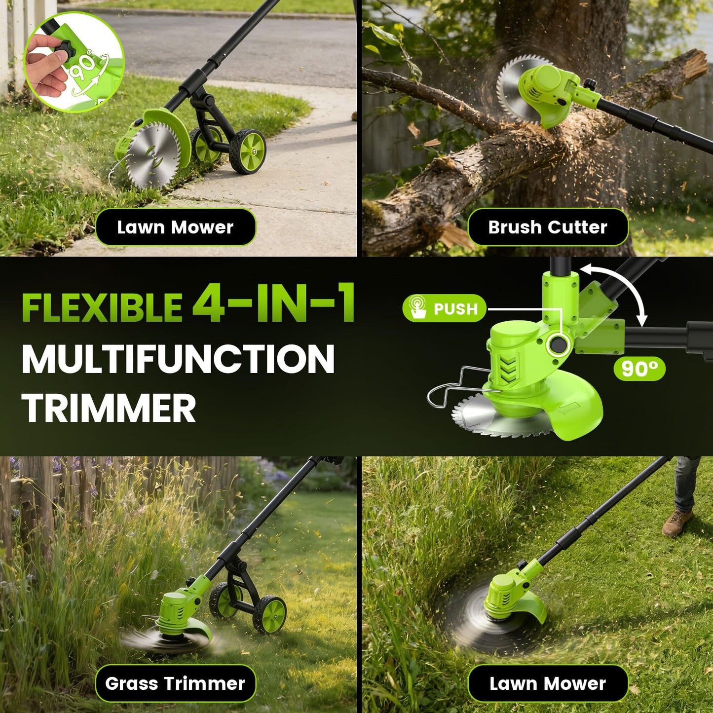 Electric Weed Wacker Cordless with Wheel, 4 in 1 Weed Eater Battery Powered Brush Cutter String Trimmer Edger, 4000mAh Stringless Weed Trimmer Lightweight Grass Trimmer Mower