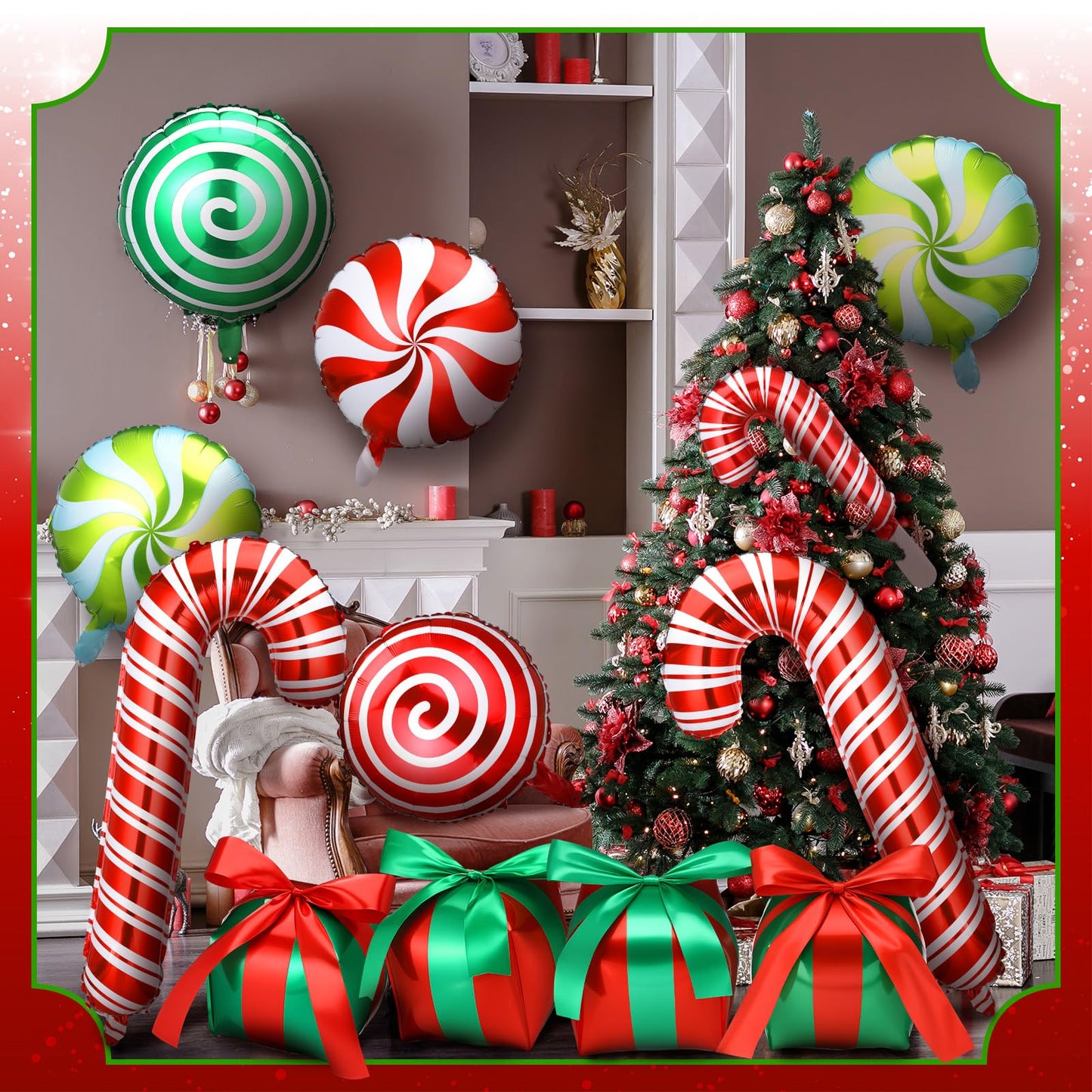 Arrowbash 72 Pcs Christmas Balloons Decorations Set Candy Cane Gift Box Foil Balloons Set Red and Green Lollipop Decorations for Christmas Xmas Theme Birthday Holiday Party