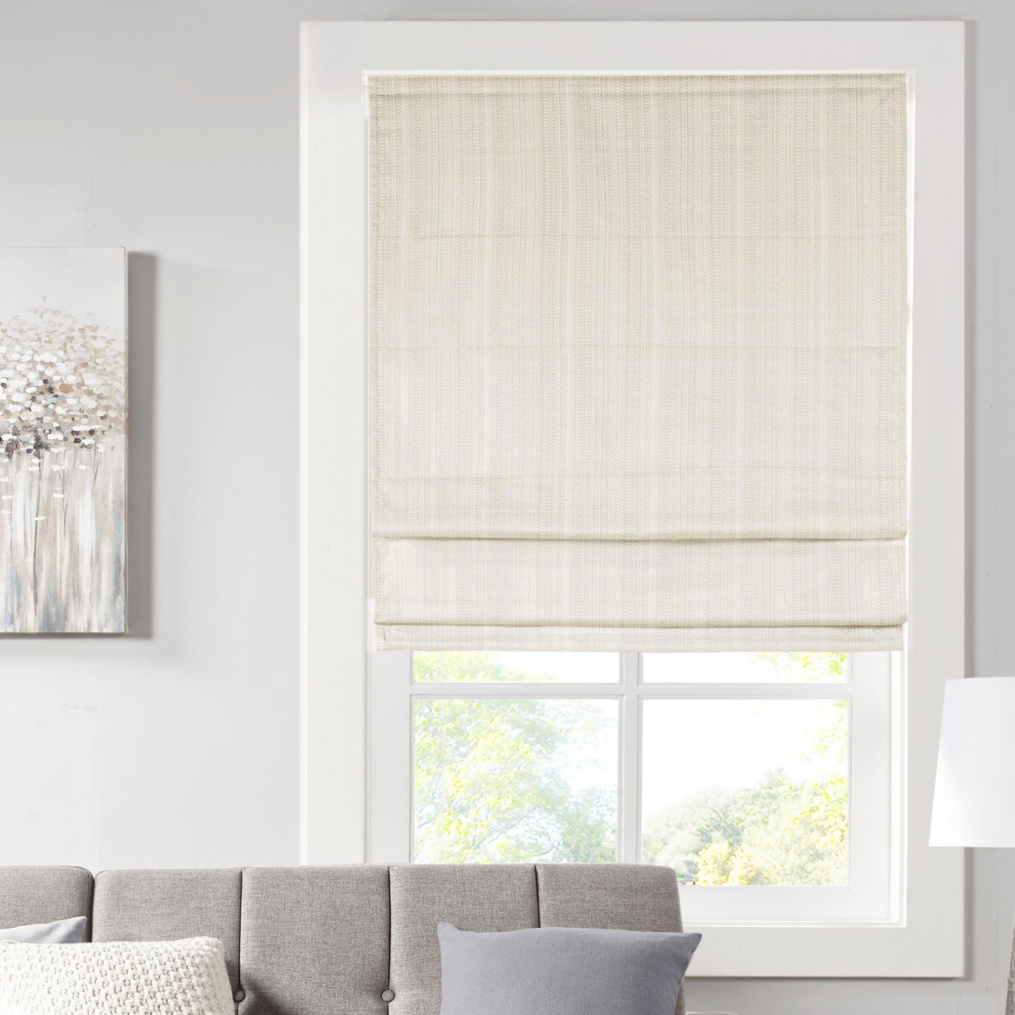 Madison Park Galen Cordless Roman Shade, 34"W x 64"H, Sheen Ivory – Room Darkening, Thermal Insulated, Energy Efficient Window Blind with Subtle Sheen Basketweave Fabric for Privacy