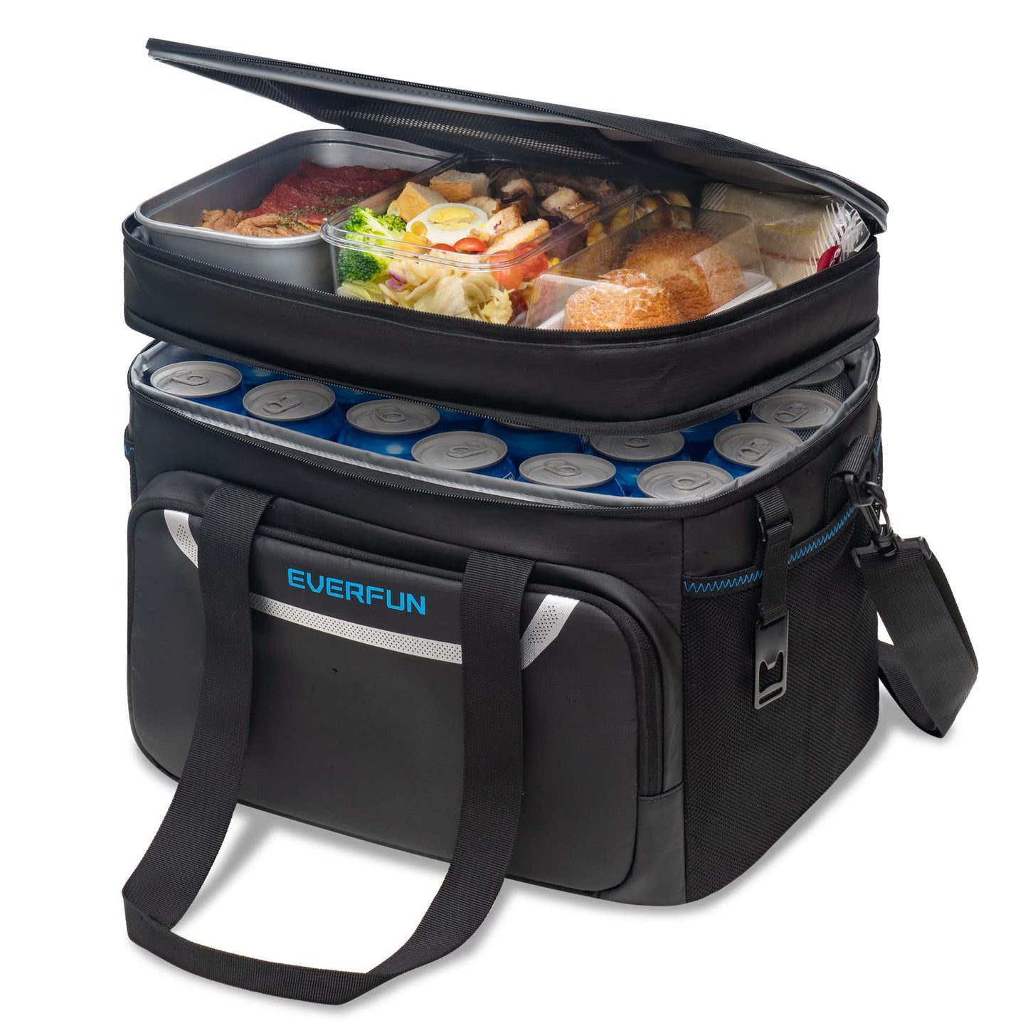 EVERFUN Large Soft Cooler Bag Insulated Cooler 48 Can Dual Compartments Collapsible Waterproof Leak-Proof for Camping Travel Beach Picnic, Black