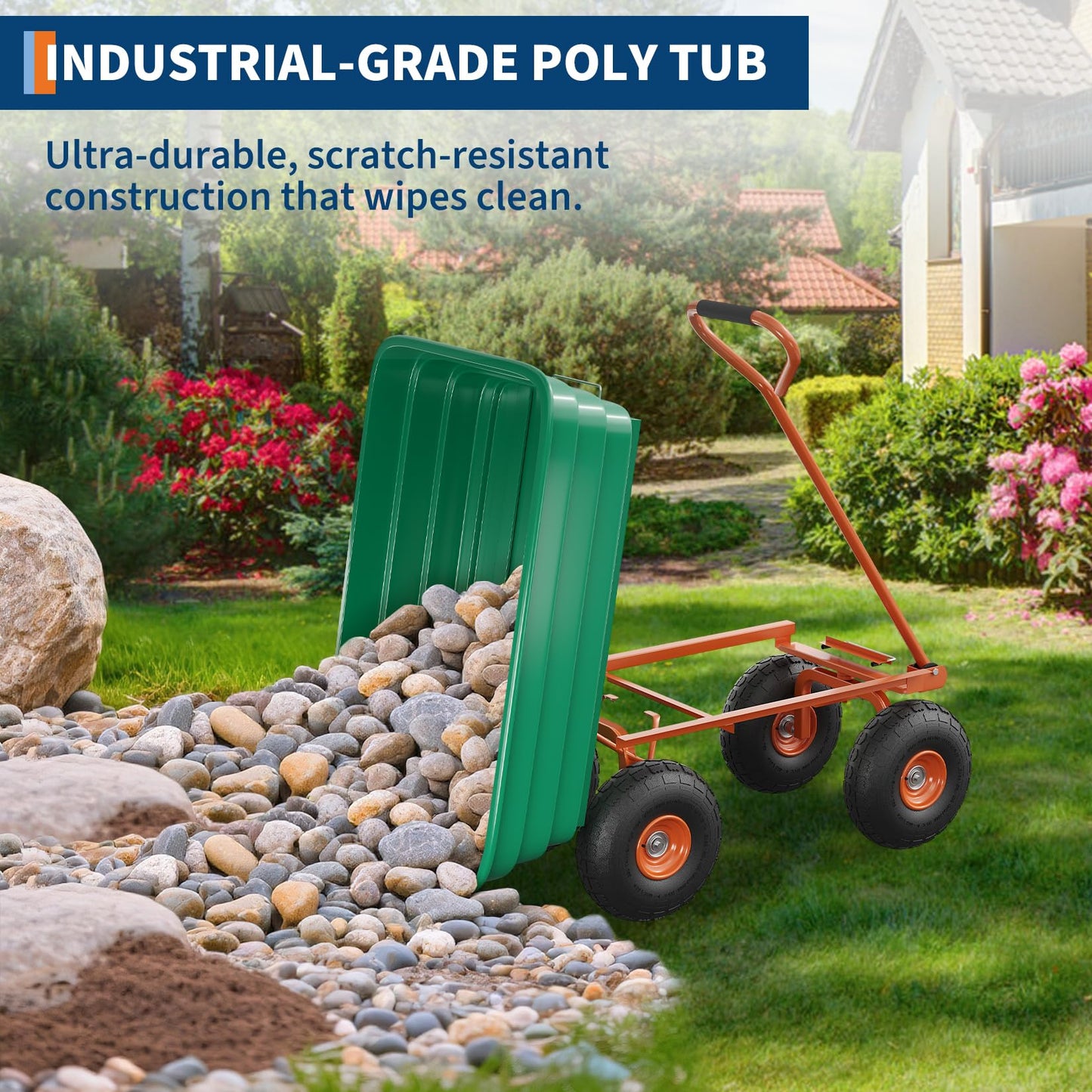 Jojoka 1200 Lbs Heavy Duty Garden Dump Cart, 4 Cu ft Rust-Resistant Poly Utility Wagon with 10-Inch All-Terrain Pneumatic Tires and Quick-Release Dumping for Yard, Lawn, and Landscaping