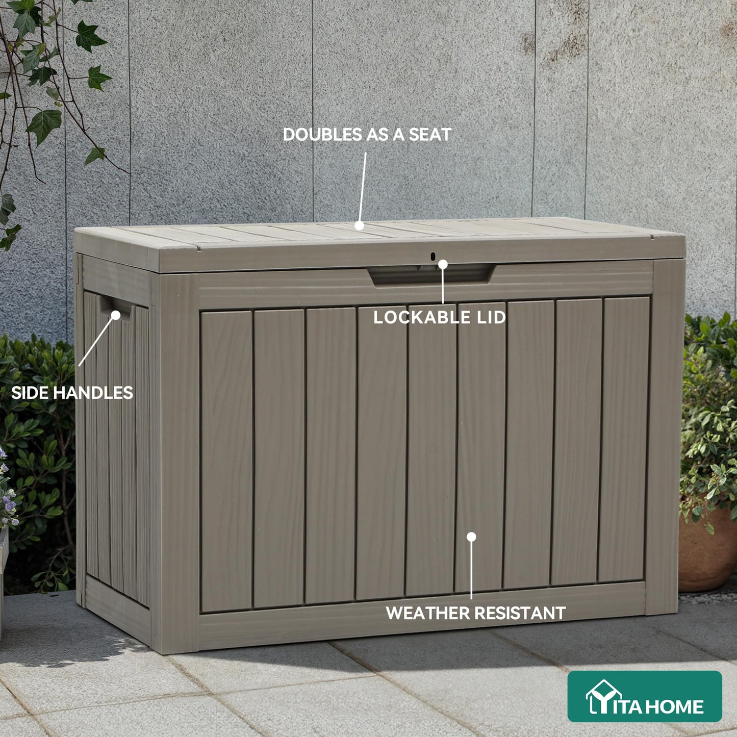 YITAHOME Outdoor Storage Box, 45 Gallon Waterproof Resin Deck Box, Lockable Organizer for Patio, Poolside, Deck, Cushions, Throw Pillows, Garden Tools, Brown