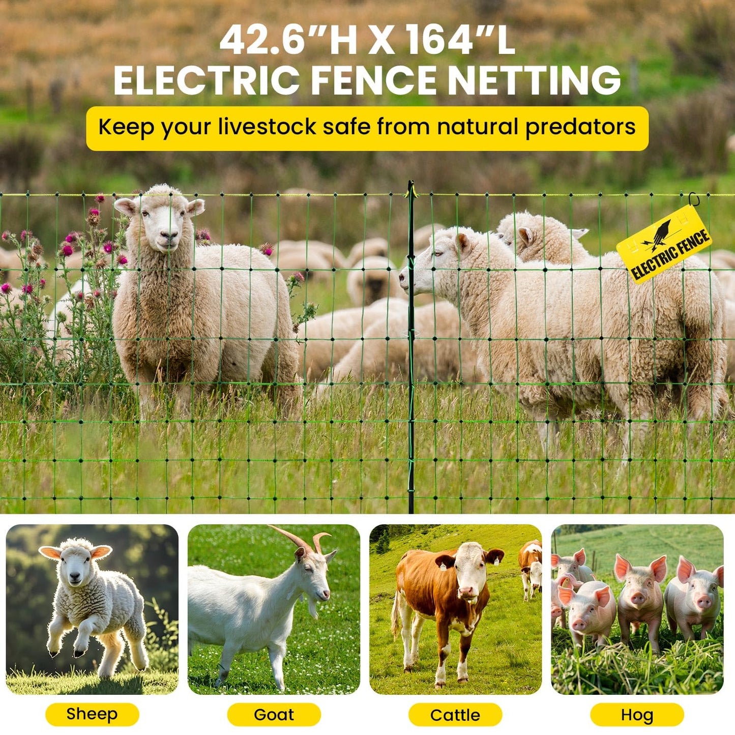 Electric Fence Netting, 42.6" H x 164'L Electric Anti-Predator Poultry Fence, PE Net Fencing Kit with 14 Posts Double Spiked, Movable Livestock Nets for Sheep, Hogs, Cattle