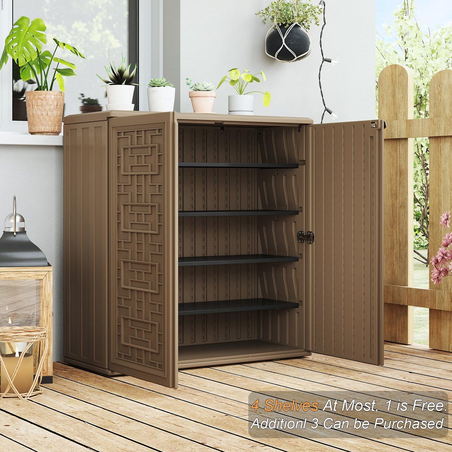 HOMSPARK Indoor/Outdoor Storage Cabinet with Doors and Shelf, 34”x16”x36” HDPE Plastic Storage Box for Patio, Balcony, Multi-Purpose for Tools, Brown