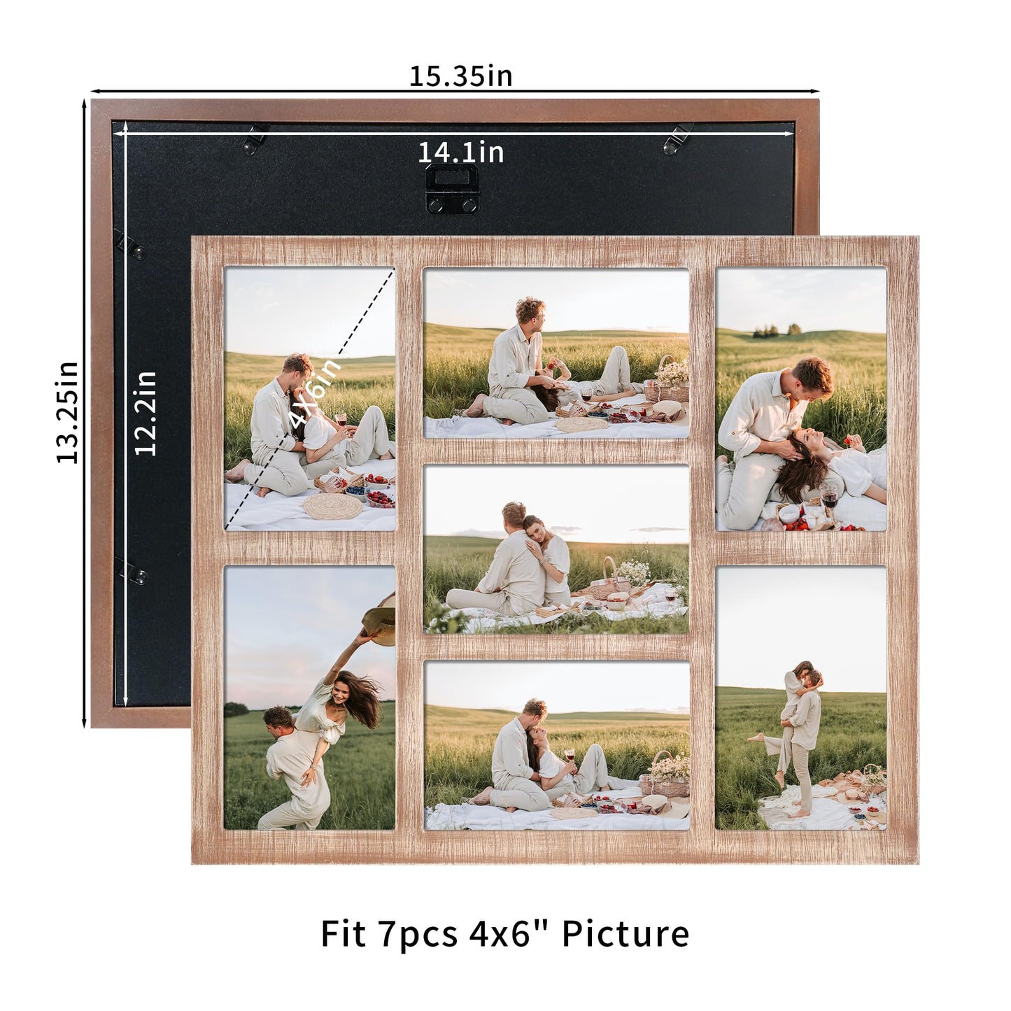 YESKAY 4x6 Picture Frame Collage for Wall Decor, Multiple Photo Collage Frames with Tempered Glass, 7-Opening for 4 x 6 Picture Frames, Rustic Brown, 1 Pack