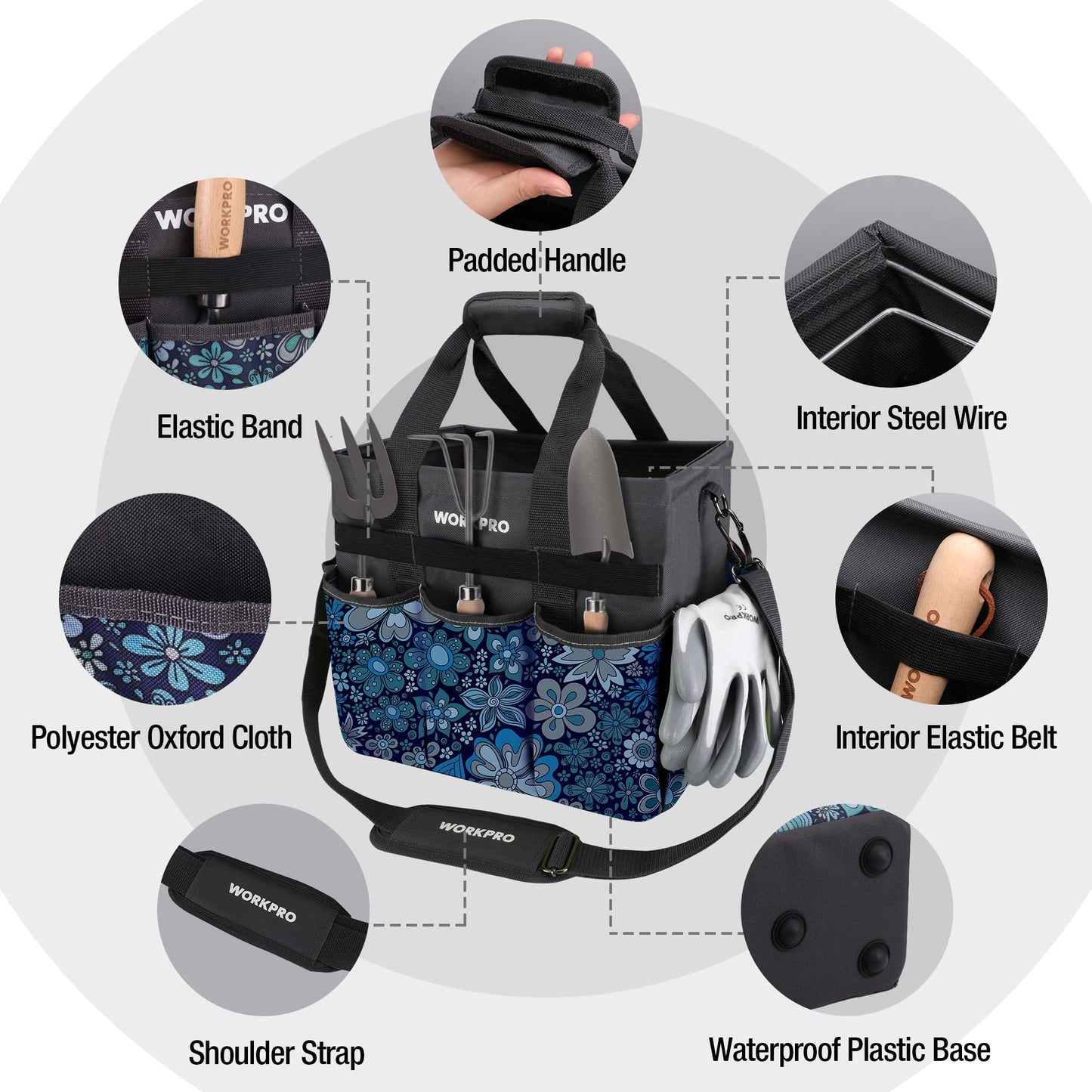 WORKPRO Garden Tool Bag Organizer, Heavy Duty Gardening Tote Bag, 10 Pockets Design with Long Adjustable Shoulder Strap, Standable Garden Home Tool Kits Organizer, Floral Blue (Tools are not Included)