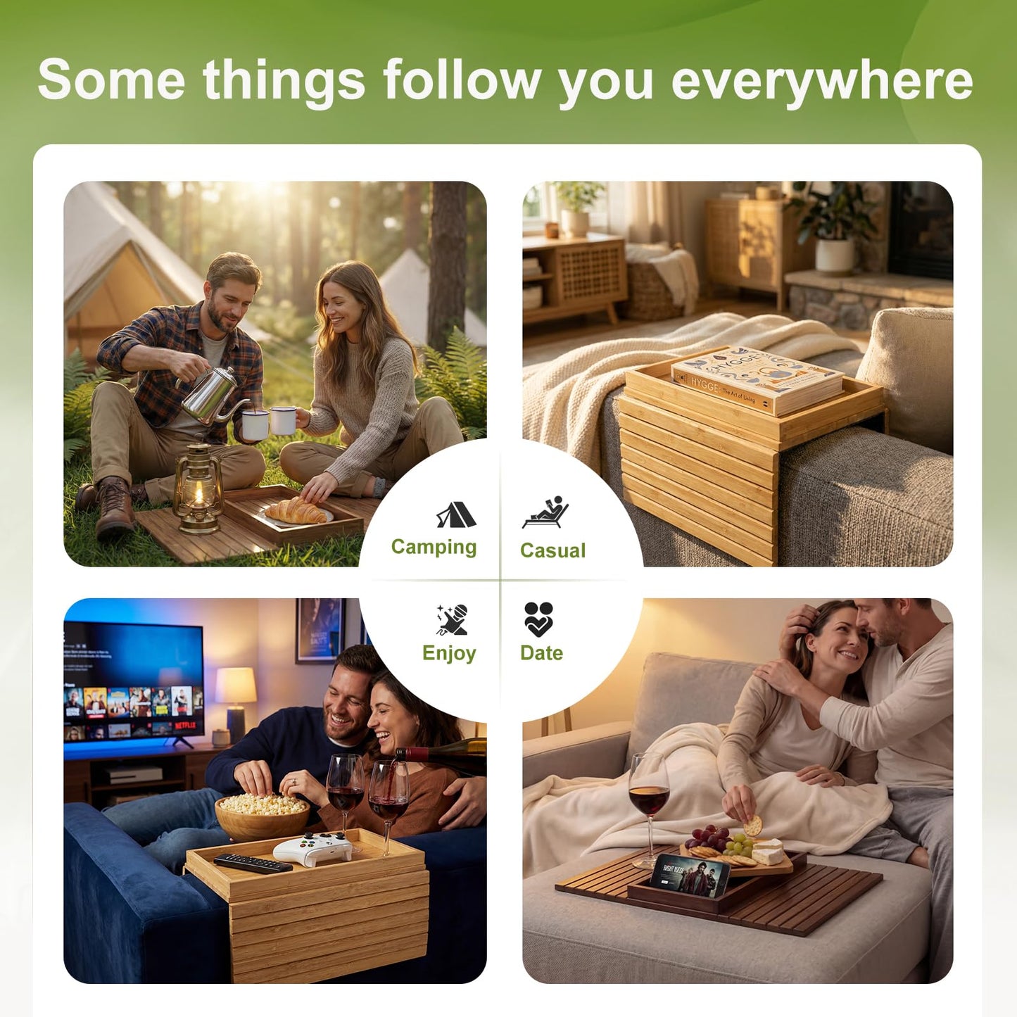 B-Zefyrn Sofa Arm Tray, Foldable Bamboo Couch Armrest Table with Large 12.5" x 5.8" Storage Compartment, Portable Chair Couch Caddy Arm Tray for Cup TV Snacks Phone Remote Anti-Slip Bottom