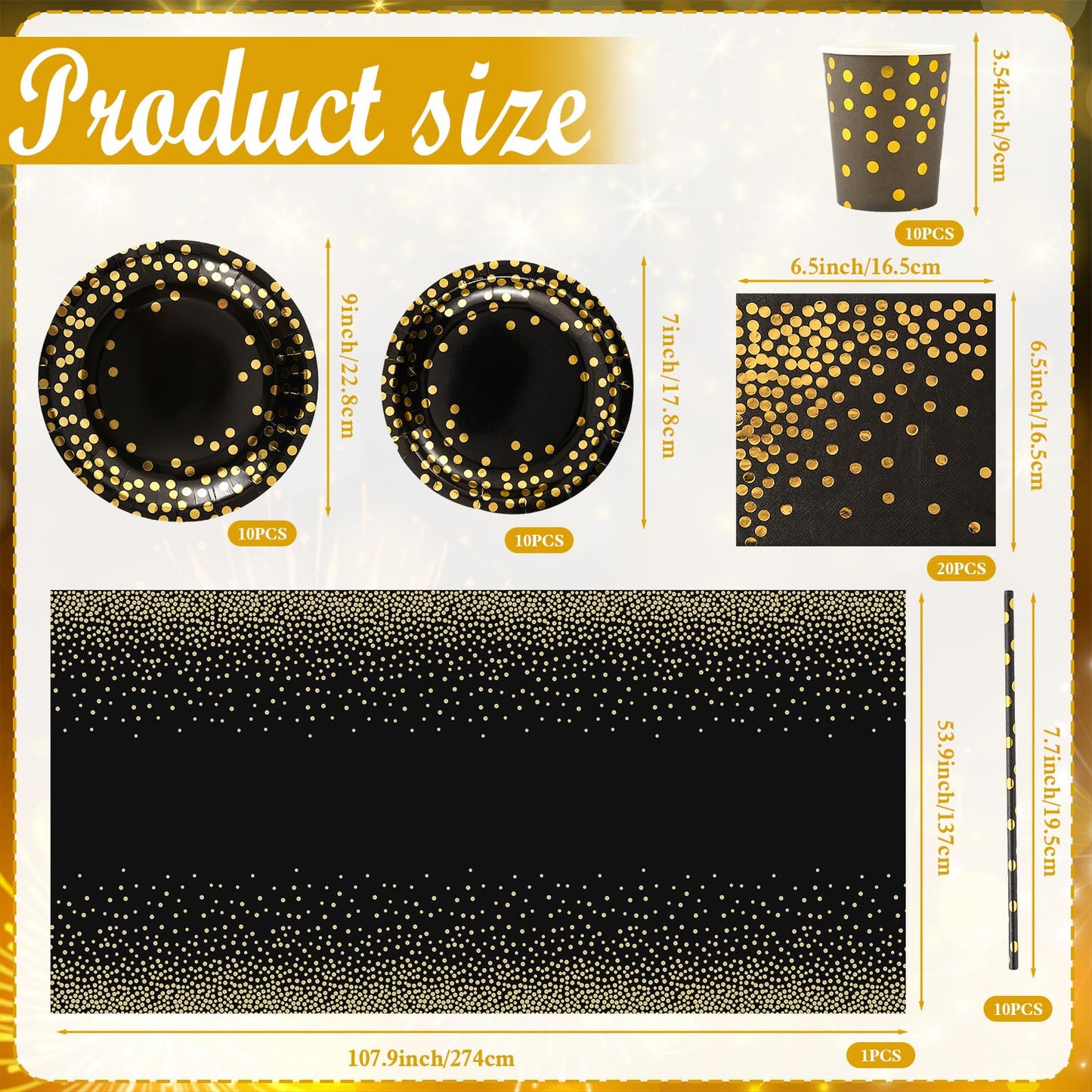 PHOGARY 61 Pcs Black Gold Disposable Tableware Set, Paper Plates and Napkins Party Supplies Dinnerware Golden Dot Black Plates Cups Straws Napkins Plastic Tablecloths for Birthday Party Decorations