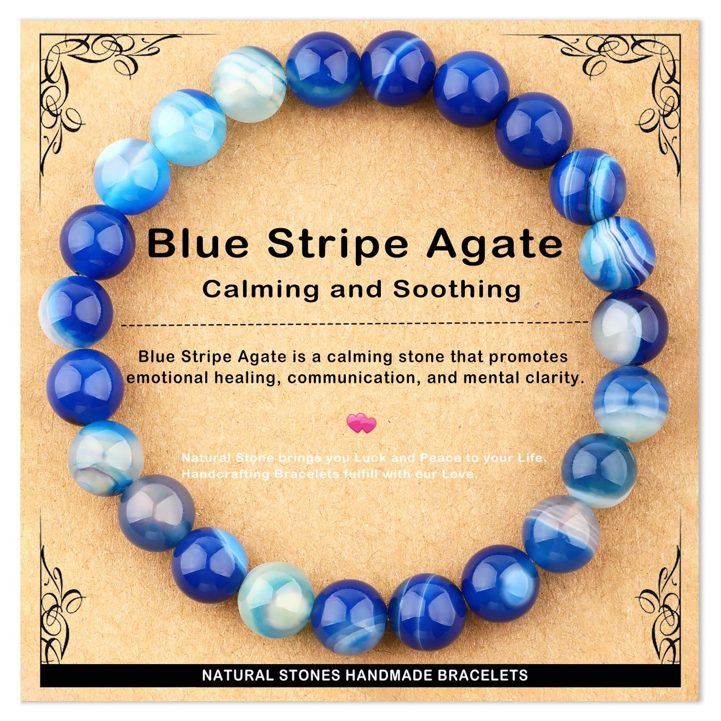 AD Beads 8mm Handmade Blue Stripe Agate Elastic Bracelet Natural Gemstone for Calming and Soothing Meditation, Yoga, Healing and Energy Gift for Men Women