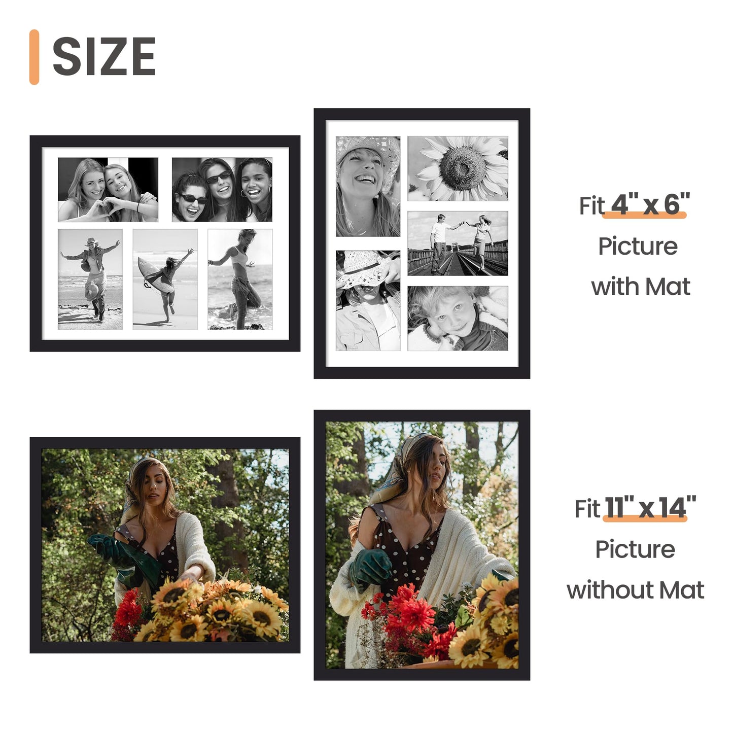 upsimples 11x14 Collage Picture Frame, Display Pictures 5 4x6 with Mat or 11x14 Without Mat, Wall Hanging 5 4x6 Picture Frame Collage Wall Decor, Black, 1 Pack