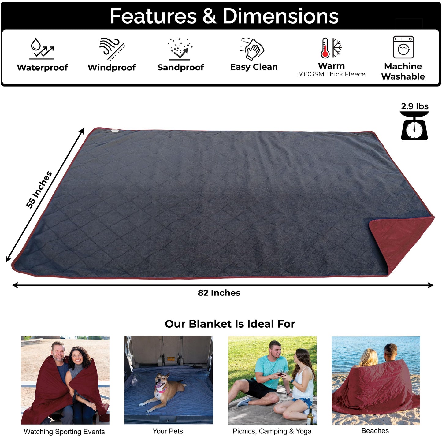 BRAWNTIDE Large Outdoor Waterproof Blanket - Quilted, Extra Thick Fleece, Warm, Windproof, Ideal Stadium Blanket, Camping Blanket, Great for Beaches, Festivals, Parks, Grass, Yoga, Pets, Dogs (Wine)