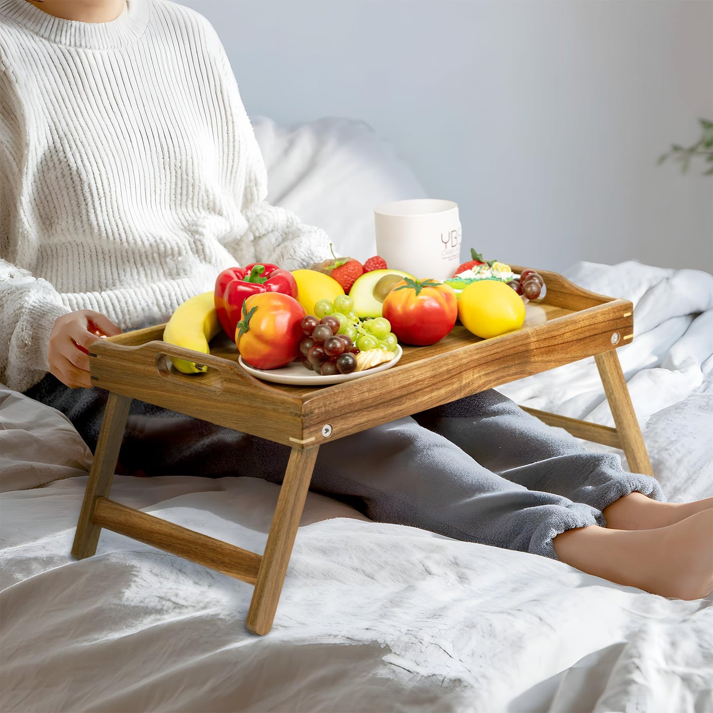 Utoplike Acacia Bed Tray for Eating, Breakfast Trays with Foldable Legs for Bed, Wood Folding Serving Table for Sofa