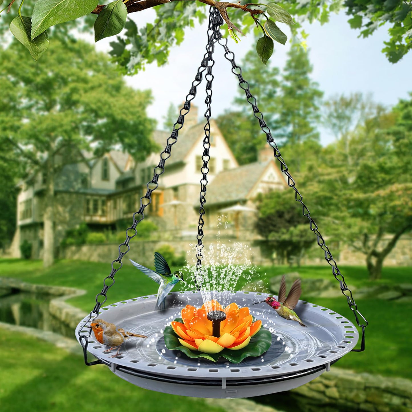 Solar Water Fountain for Bird Baths, Floating Solar Powered Water Fountain Pump for Birdbath, Garden, Pond, Pool, Outdoor Decor, Water Lily, Orange