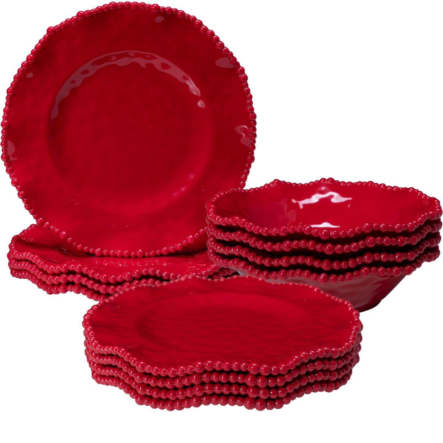 ZAROCRUS 12 pcs Christmas Holiday Melamine Dinnerware Set, Ruffled Rim With Beaded Plates and Bowls Set of 4, Lightweight yet Durable Dishes tableware Set, Ideal for parties, camping, and RV trips