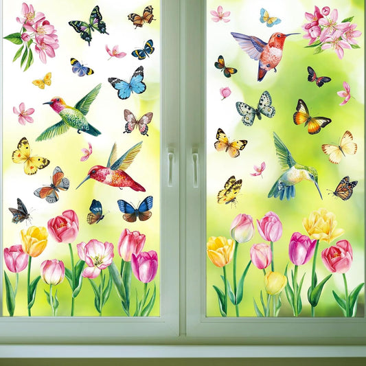 63PCS Spring Window Clings, 10 Sheets Reusable Window Stickers for Glass with Hummingbirds Butterflies Tulip Flowers,Spring Summer Window Decor