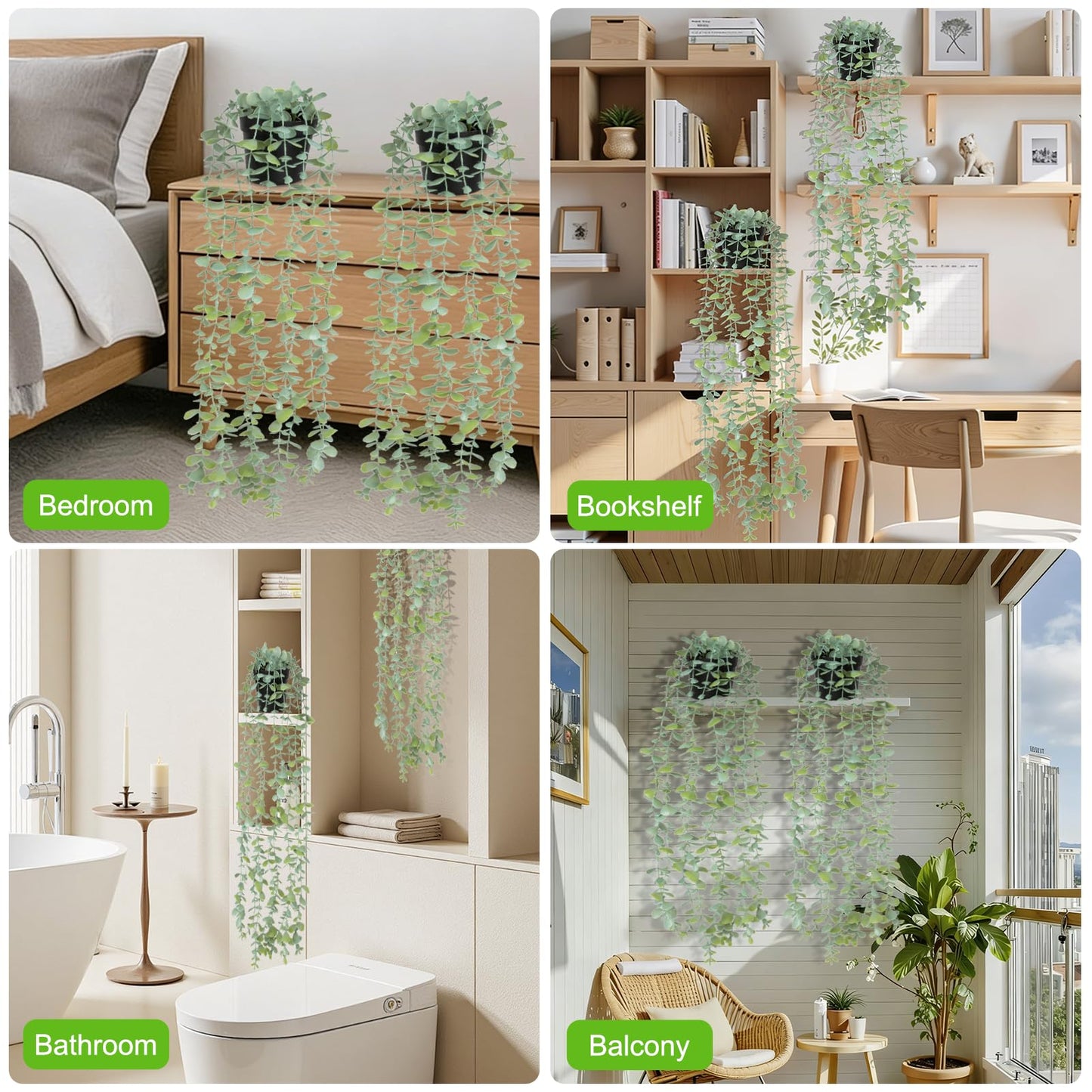 echosari 2 PCS Fake Hanging Plants, Artificial Potted Plants Eucalyptus, Greenery Faux Plants Indoor for Modern Boho Home Bedroom Wall Book Shelf Decor