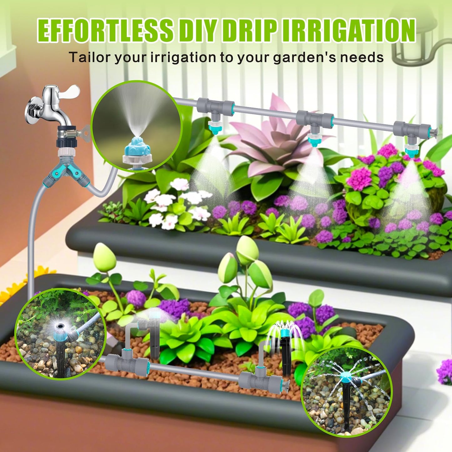 Drip Irrigation System Kit 230FT - Automatic Watering System with Quick Connector, Complete Water Irrigation System for Garden Lawn with 12mm 6mm Irrigation Tubing Adjustable Emitters