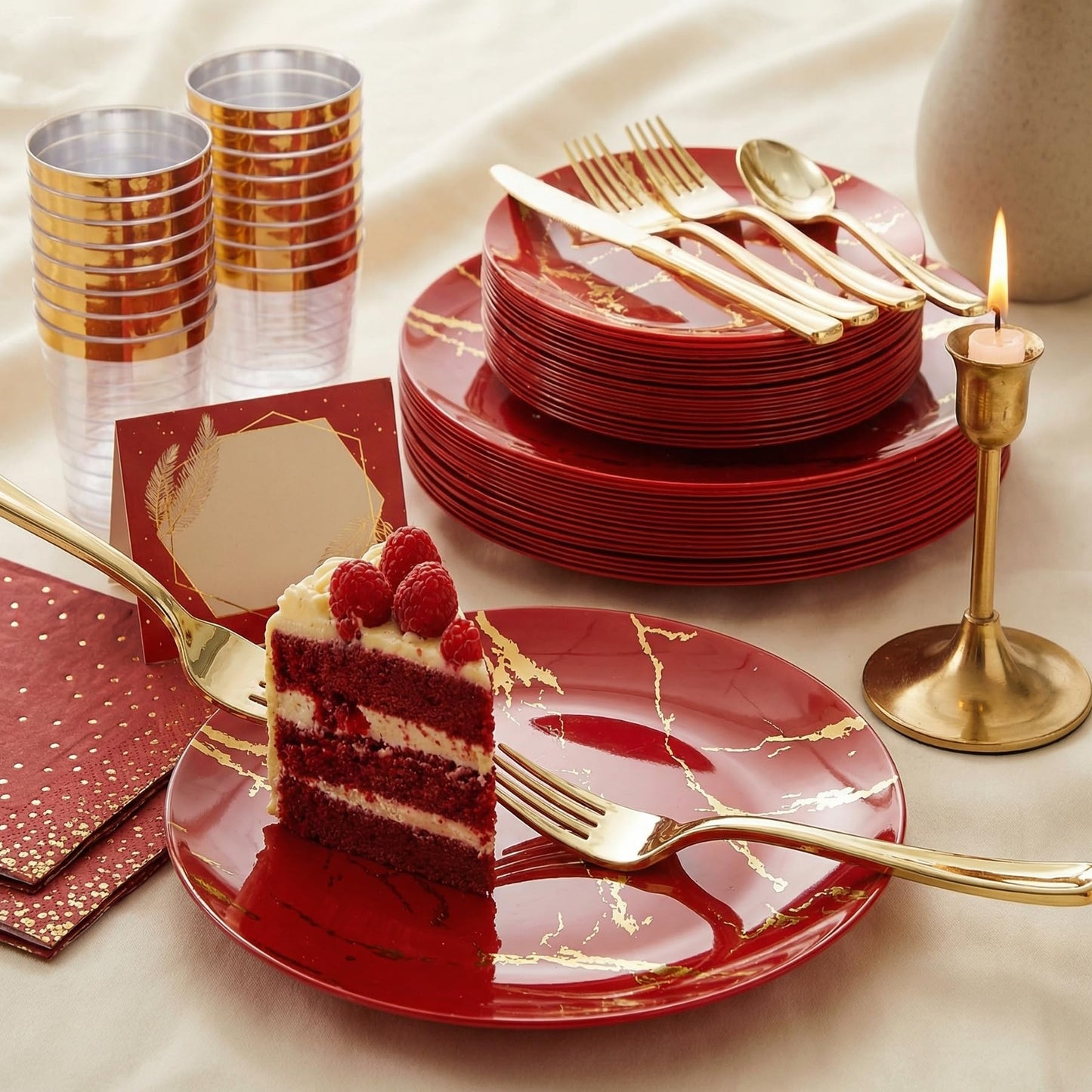N9R 225PCS Red Gold Plastic Dinnerware Set - Disposable for Mother’s Day, Includes 25 Dinner Plates, 25 Dessert Plates, 25 Forks, 25 Spoons, 25 Knives, 25 Gold Cups, 25 Napkins & Table Cards