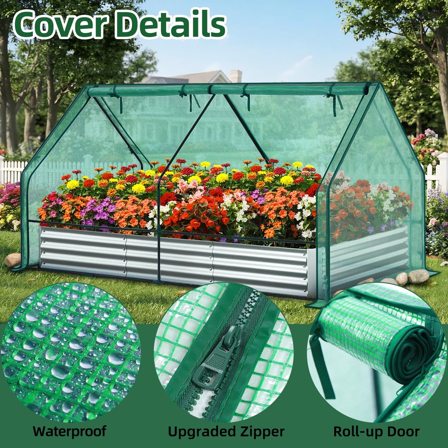 Ohuhu Raised Garden Bed with Greenhouse Cover, 8x4x1 FT Galvanized Metal Planter Box Outdoor with PE Cover, 4 Doors for Ventilation, 3-in-1 Gardening Set for Vegetable Flower Herb Succulent