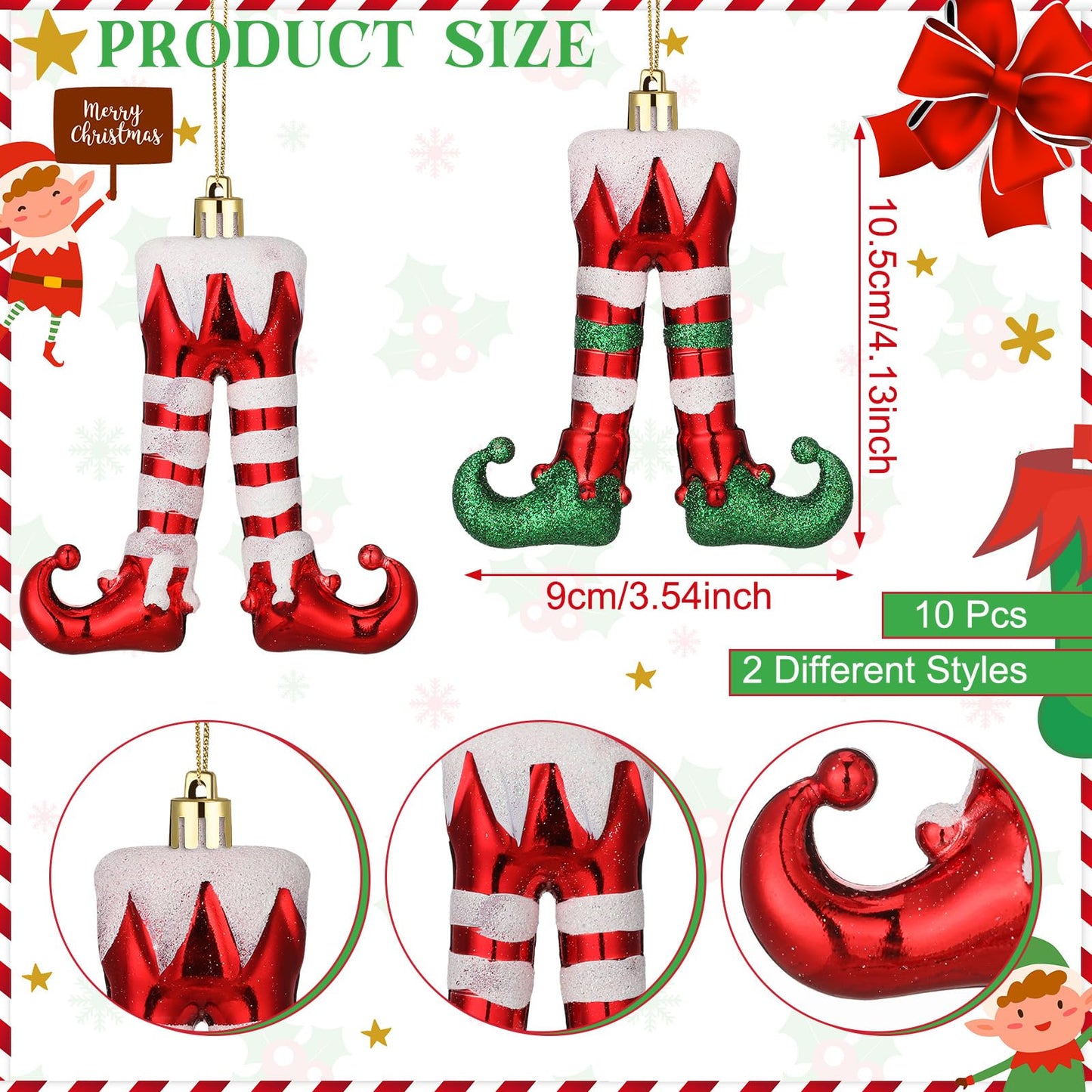 Soulchen 10 Pcs Christmas Elf Legs Ornaments Xmas Red Green White Feet Tree Topper Plastic Elf Feet Hanging Decorations with Gold Rope for Holiday Party Crafts Home Decor