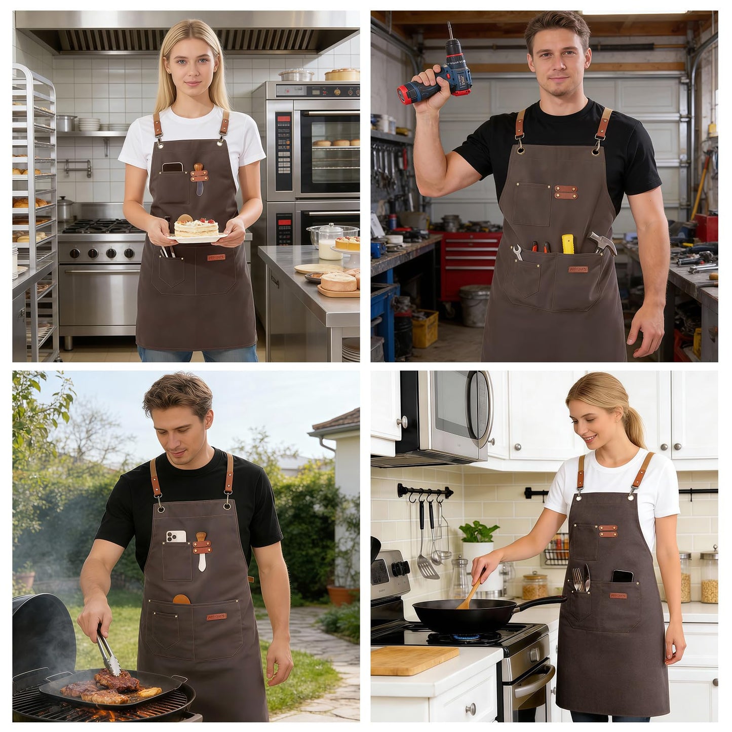 KACHUAN BEAR Chef Aprons for Men Women with 4 Large Pockets, Cotton Canvas Cross Back Adjustable Apron for Work grilling kitchen gardening (grey)