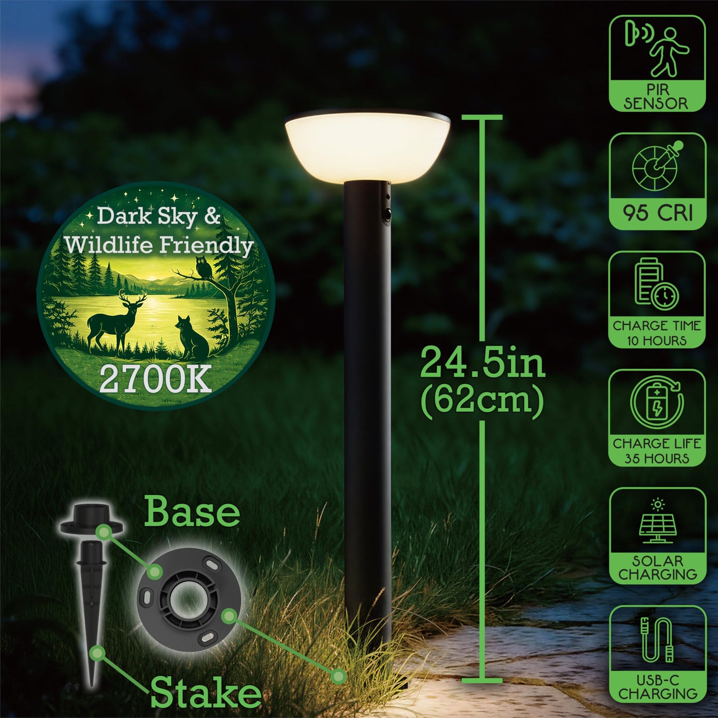 VerLuce Basin Series - 24.5" Solar Pathway Lights - Walkway Lights for Outside - PIR Sensor & Three Lighting Modes - Rechargeable Battery Lasts Up to 35 Hours - 2700K - Dark Sky Friendly - 4 Pack