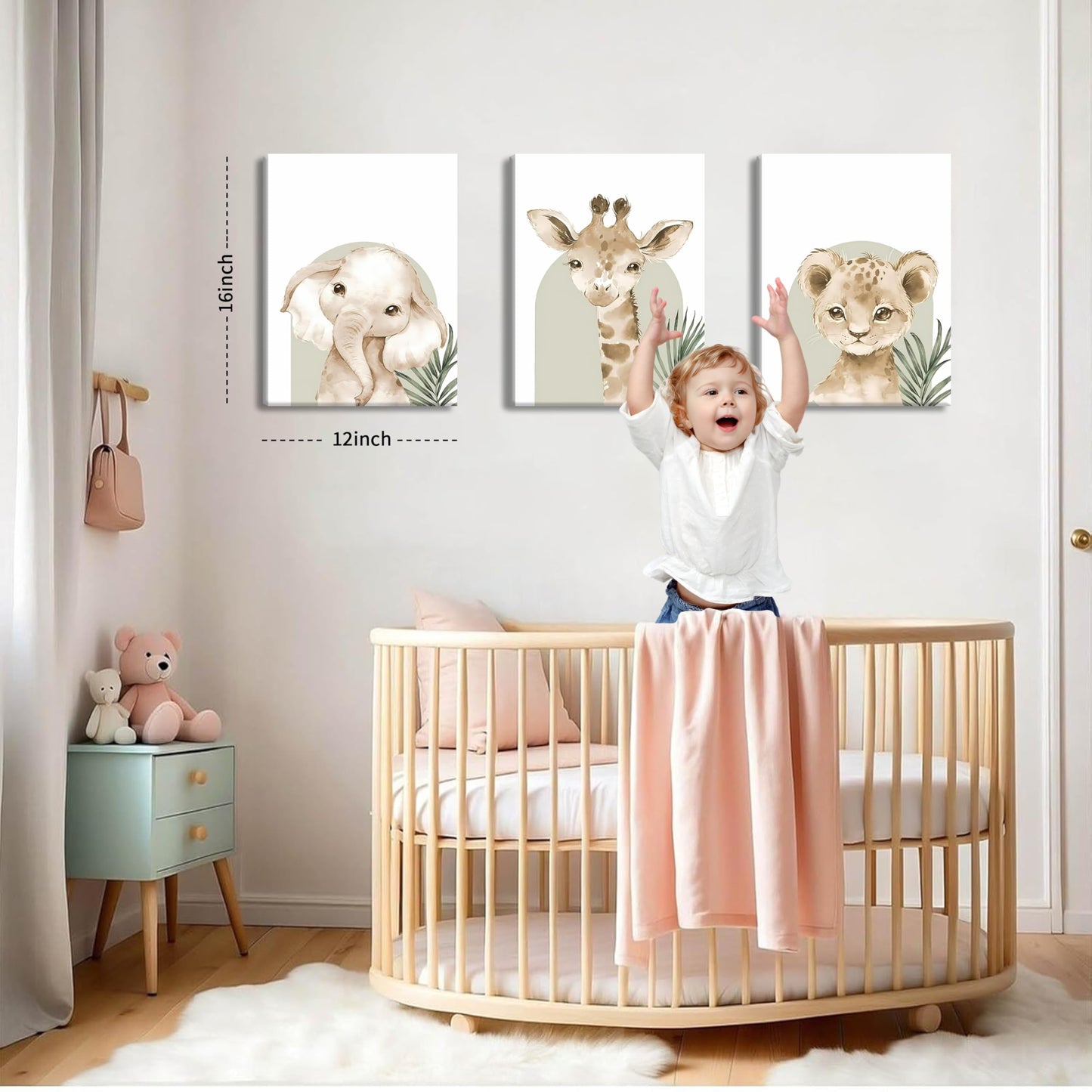 Nursery Wall Decor Set of 3, Cute Animal Lion Elephant Baby Pictures Poster Prints, Giraffe Jungle Canvas Wall Art Woodland Nursery Decor for Boys Girls Room Decoration 12x16 inch Framed