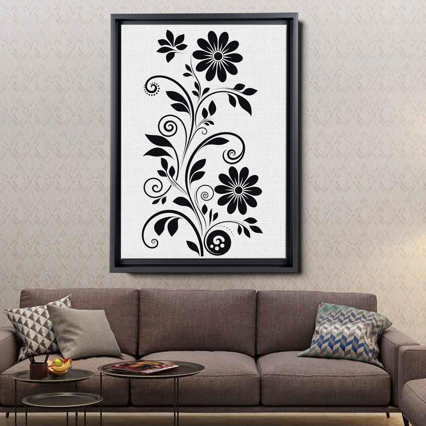 Scandinavian Folk Art, Black and Beige Abstract Botanical Wall Art for Scandinavian Home Decor