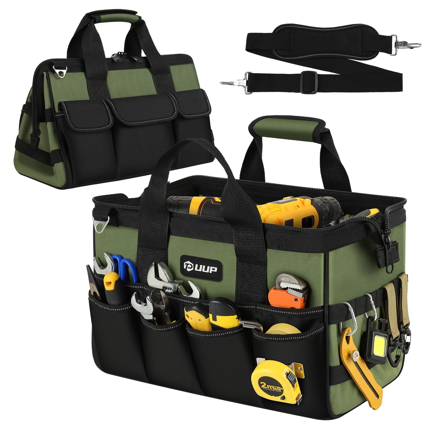 UUP Heavy Duty Tool Bag 15-Inch, 16-Pocket Portable Empty Tool Box Organizer, Big Storage Toolbox Organization, Soft Handle Large Zipper Carrying Toolbag, Father Day Gifts for Him Dad Men, Green