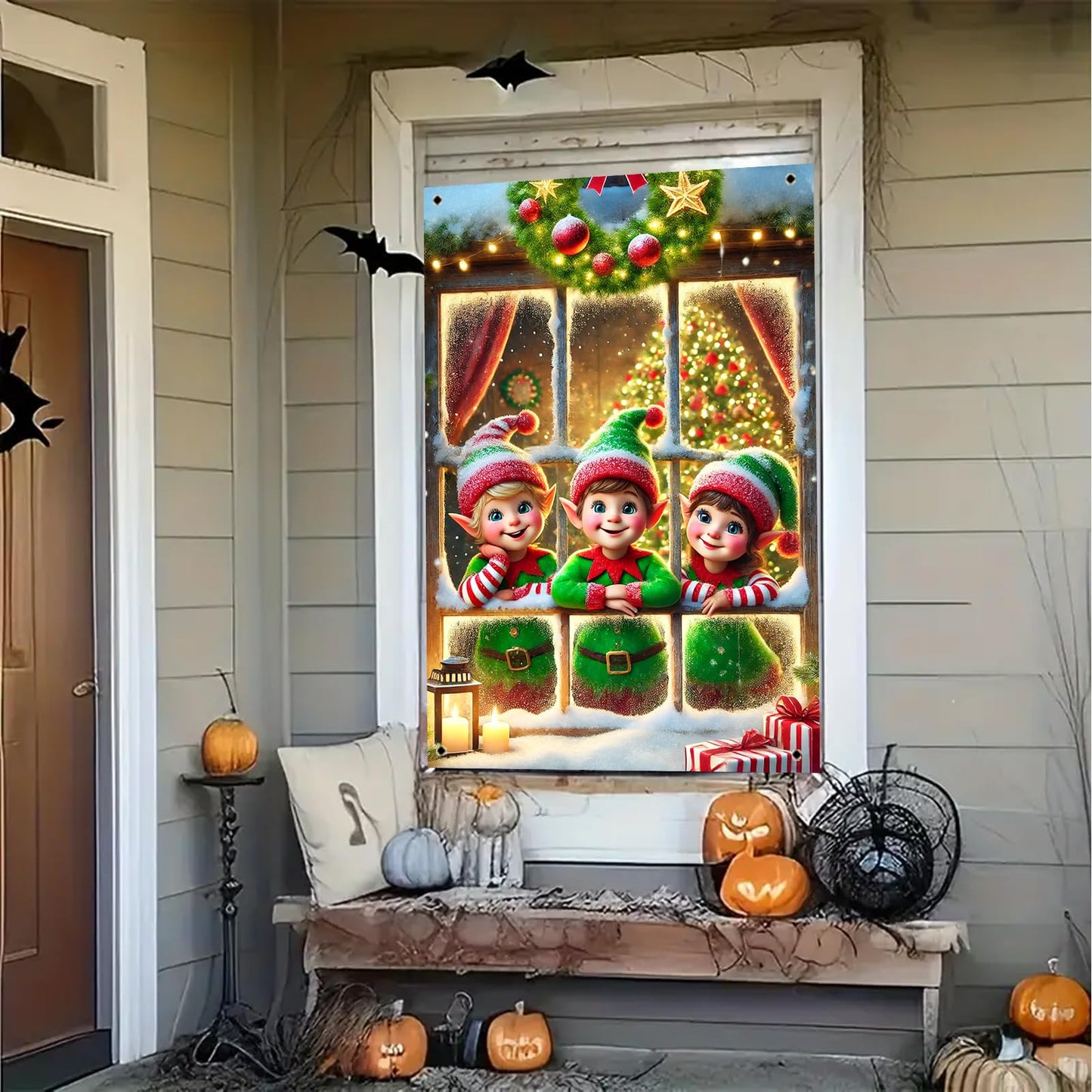 BlissYard Christmas Window Cover 31x47 Inch Elf Window Poster Decoration for Holiday Kids Room Indoor Xmas Wall Scene Winter Window Backdrop Display
