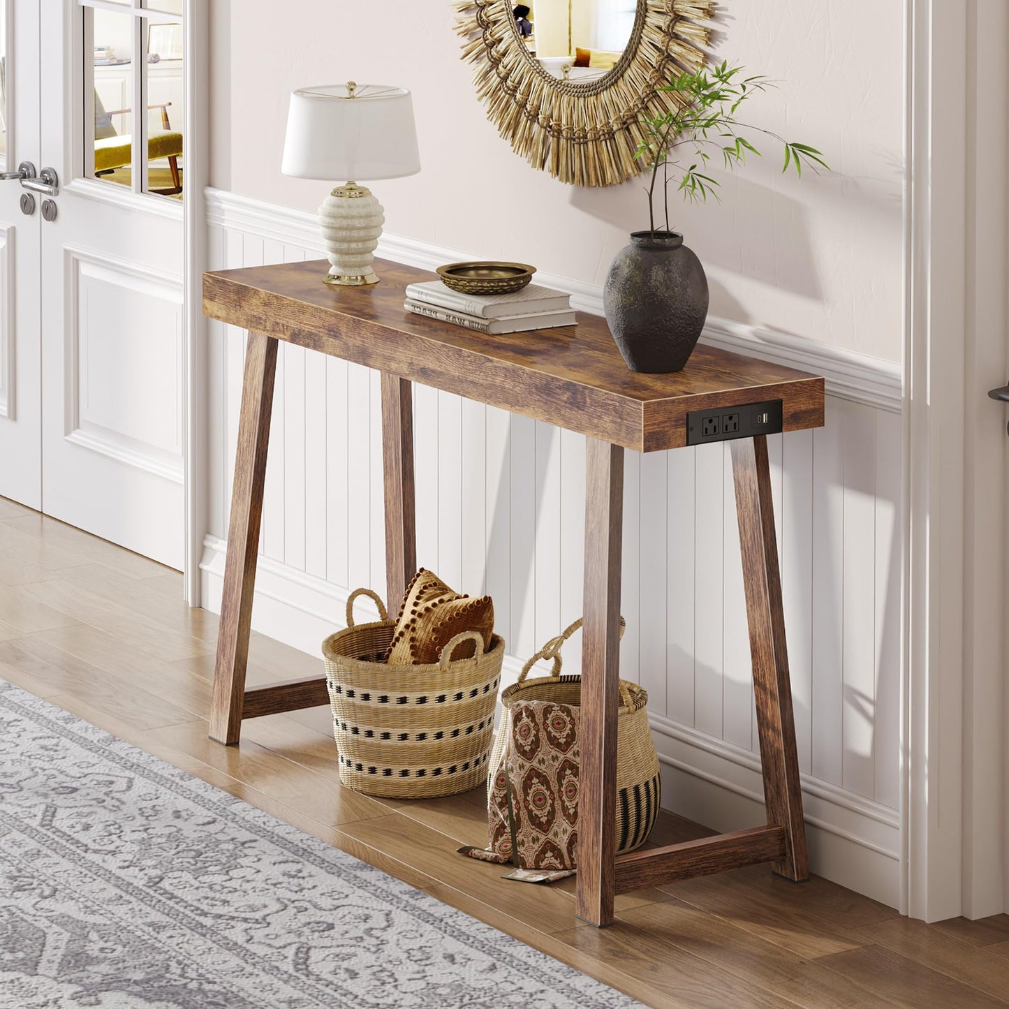 Huuger Entryway Console Table with Charging Station, USB-C Port, 47.2 Inch Sofa Table with Metal Legs, Entry Hallway Table with Thicker Desktop, Modern Behind Couch Table, Rustic Brown