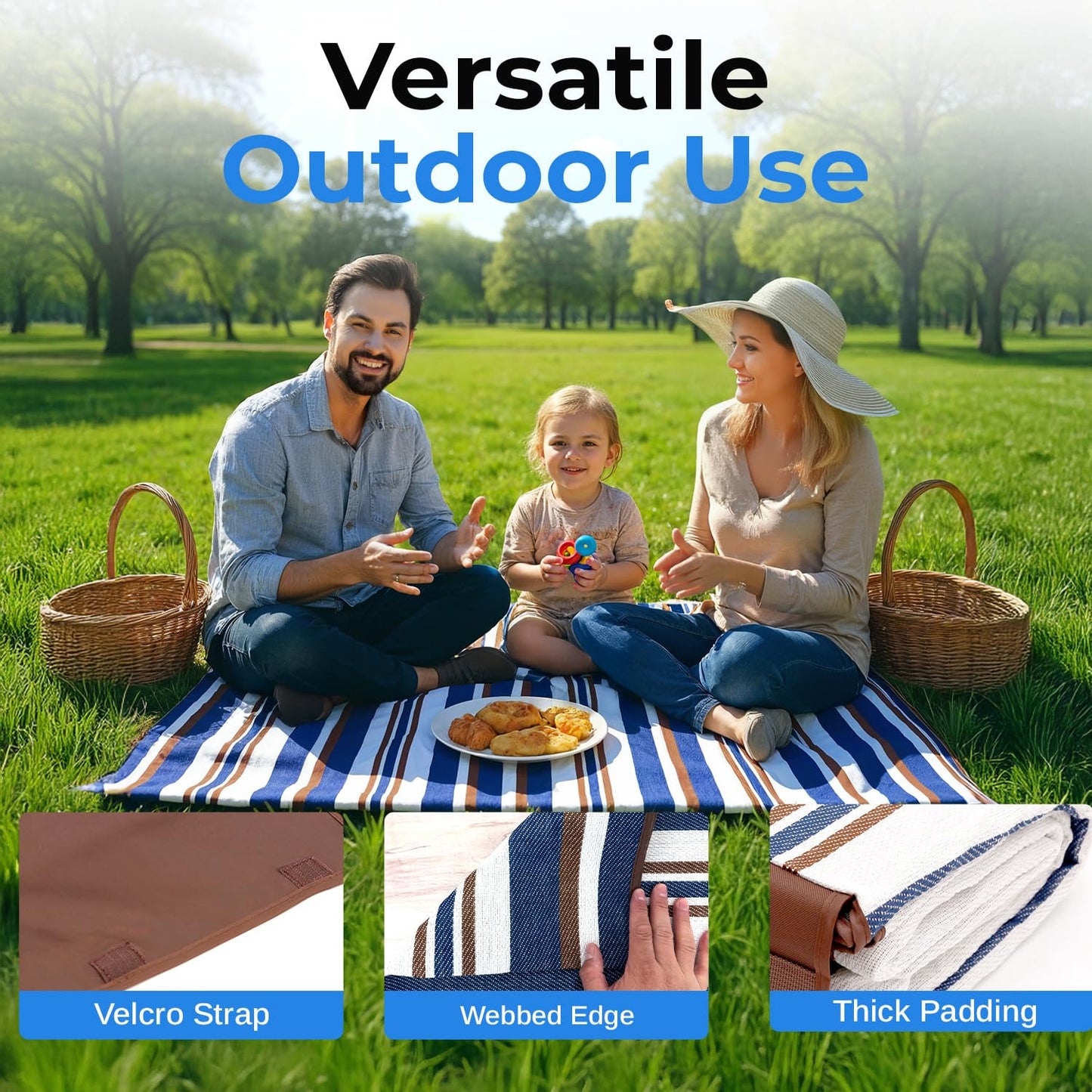 scuddles Extra Large Picnic Blanket – 60" x 80" Waterproof Outdoor Mat with Soft Dual-Layer Comfort, Foldable Travel Rug for Beach, Camping, Lawn, Parks & Family Picnics