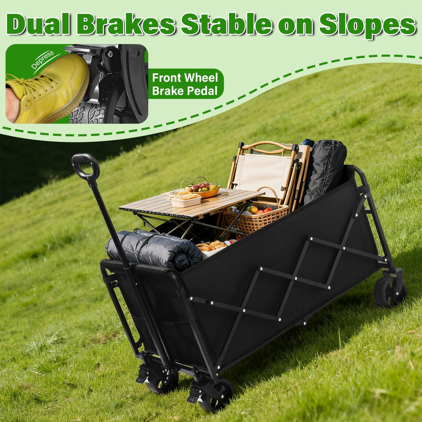 Wagon Cart Foldable,500Lbs Collapsible Wagon Cart with Wheels Portable, All Terrain Outdoor Utility Carts for Groceries, Camping, Sports, Garden, Shopping, Black