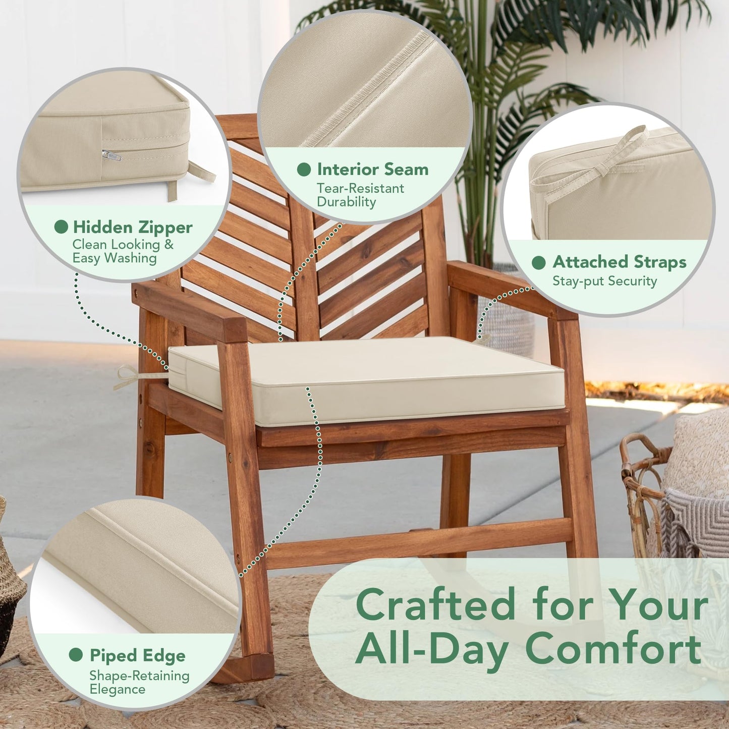 Outdoor Chair Cushions Set of 4: Waterproof & Fade Resistant Seat Cushion for Patio Furniture - 18.5 x 16 x 2 Inch Chair Pads with Ties and Hidden Zipper - Patio Chair Cushion Replacement, Beige