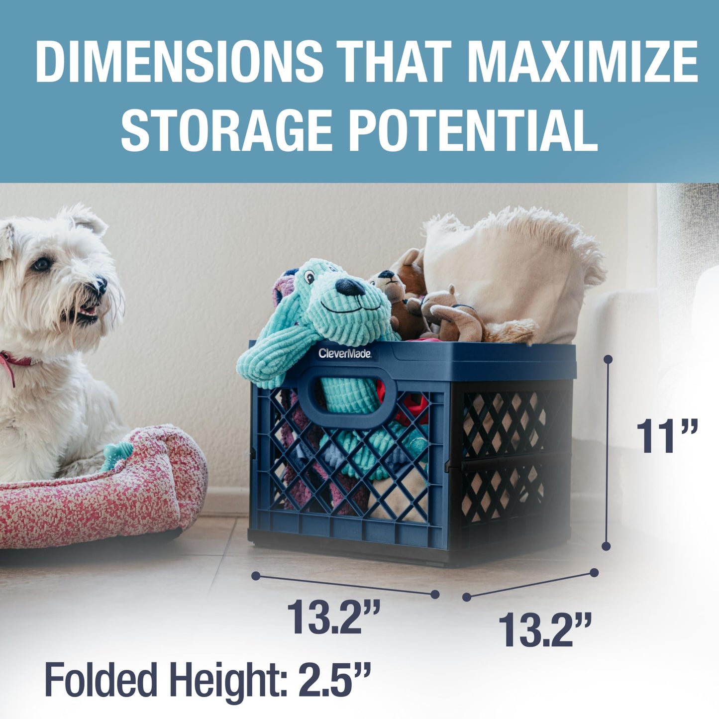 CleverMade Collapsible Milk Crate 25L (6.6 Gal) 3 Pack, 50 lb Capacity Heavy Duty Folding Crate – Stackable Storage Crates with File Rails, Plastic Collapsible Crates - Ocean