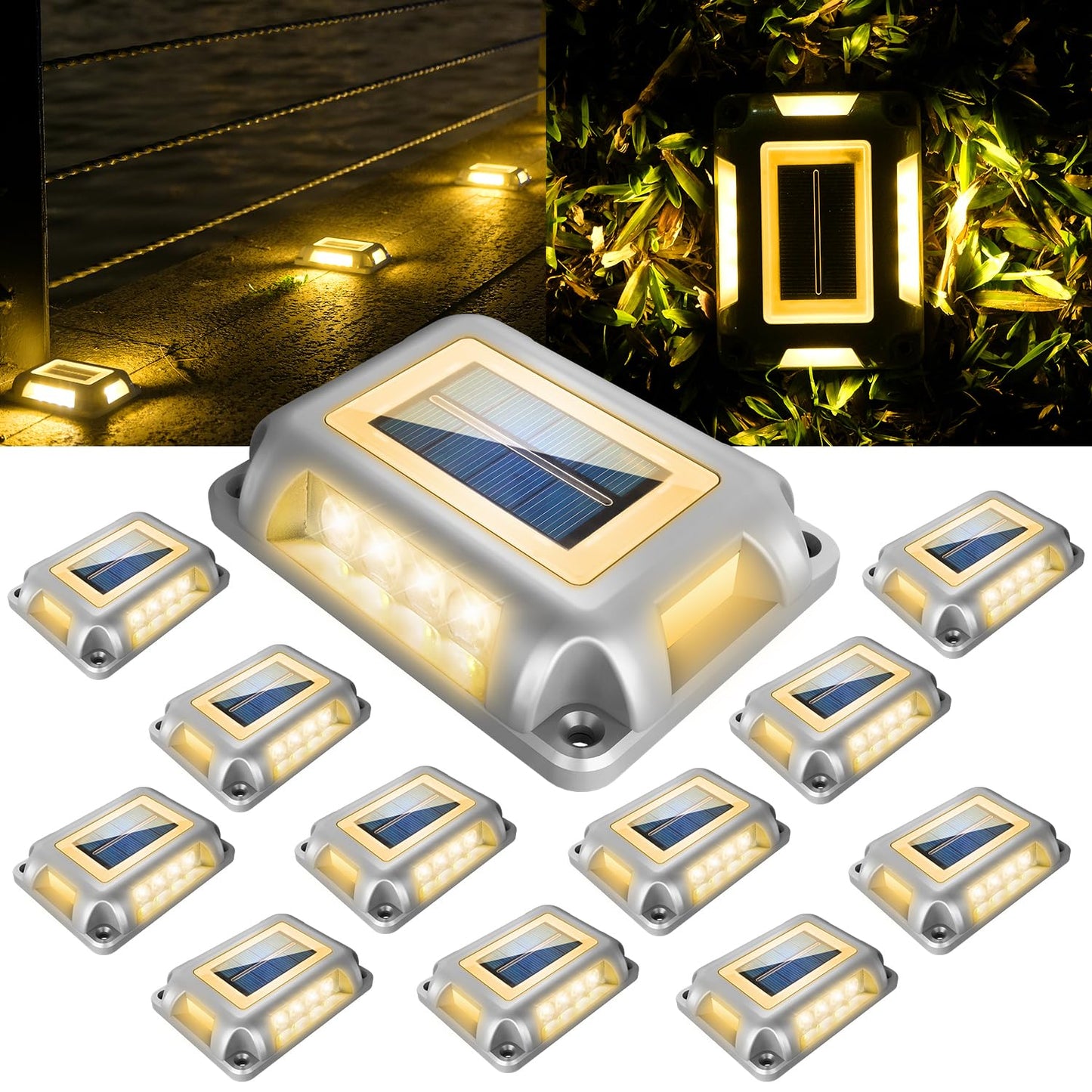 T-SUN Solar Dock Lights, Solar Driveway Lights Outdoor, 12 Pack LED Ground Driveway Light 3000K Warm White Deck Light for Path Garden Sidewalk Stair Ground Pathway