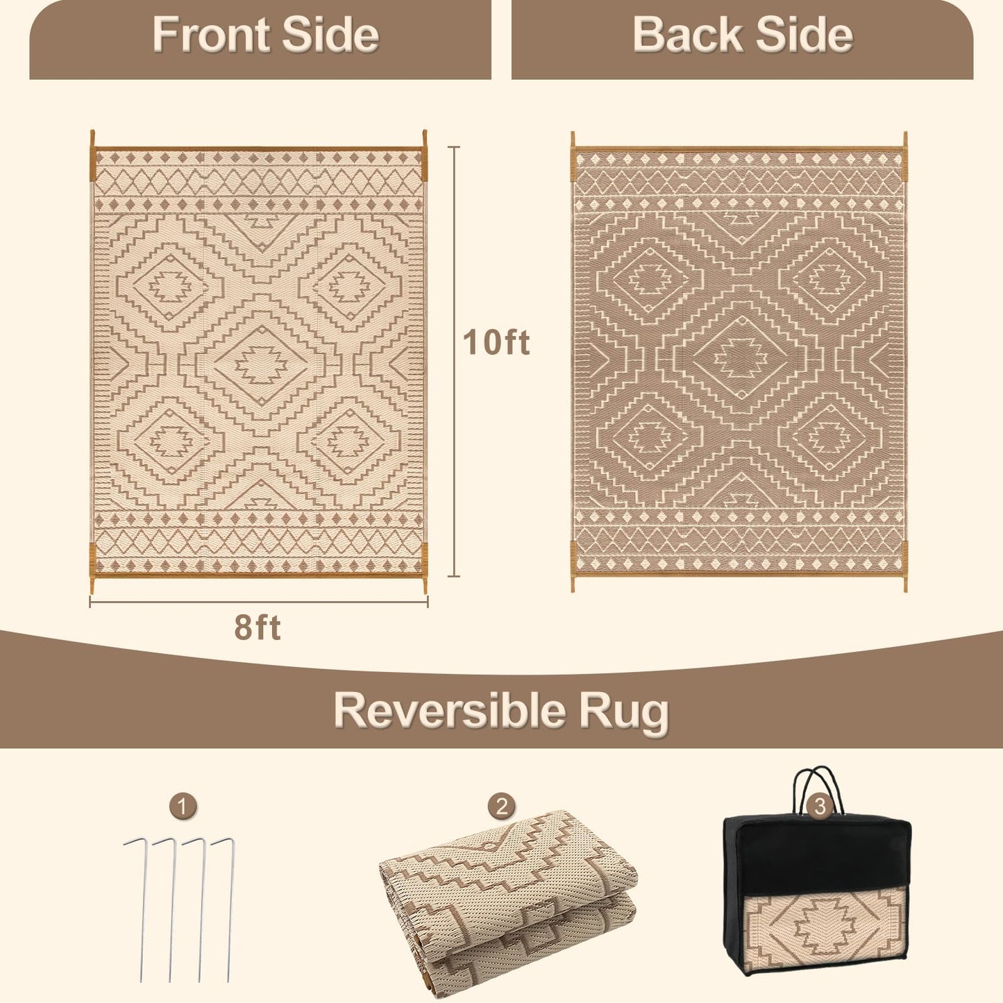 Wonnitar Outdoor Rugs 8x10 Waterproof Plastic Straw Rug, Large Outdoor Camping Rug for RV, Reversible Portable Outside Lightweight Area Rug for Backyard Balcony Beach Picnic (Beige & Brown,8'x10')