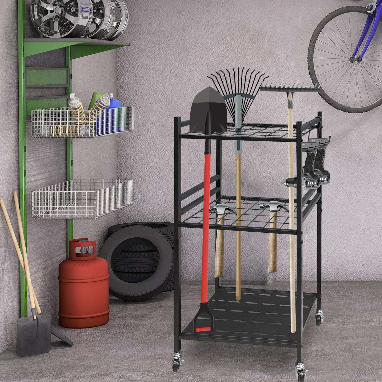 THESEATOP Garden Tool Organizer, 3-Tier Yard Tool Storage Rack with 35 Slots & 3 Hooks, Heavy Duty Garage Organizer for Shovels, Rakes & Brooms (33.6" x 11.5" x 17")