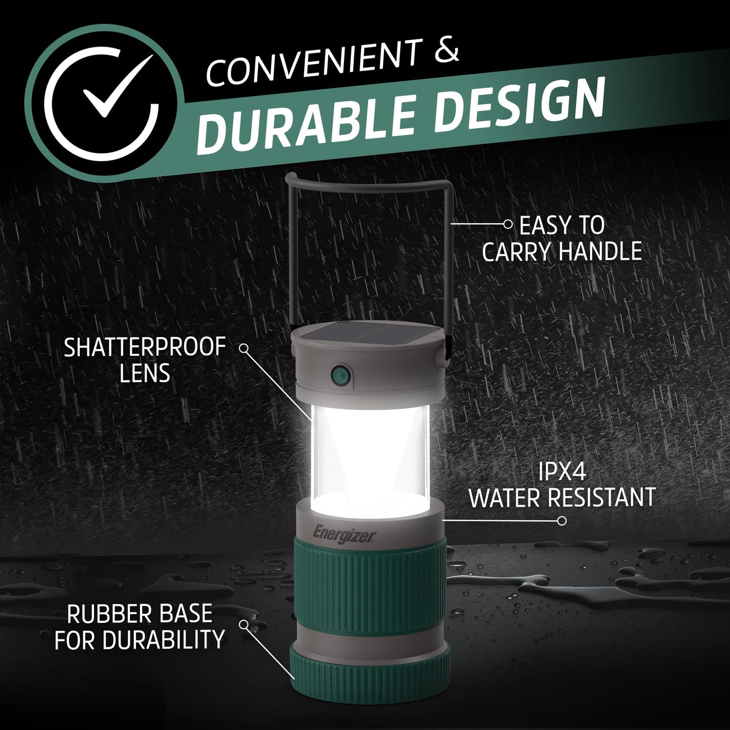 Energizer S-500 Hybrid Power Camping Lantern, Solar, Rechargeable, or AA Battery Powered, IPX4 Water Resistant Bright LED Lantern