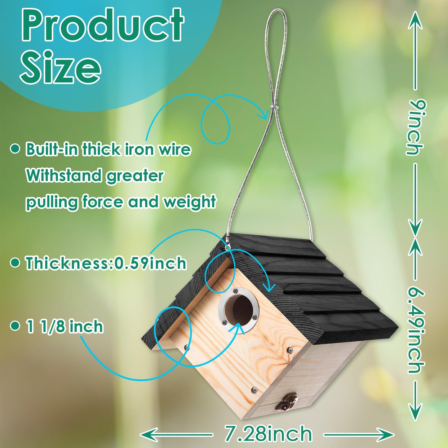 Dreyoo 4 Pack Wren House, 1-1/8'' Entrance Hole Hanging Wooden Wren Bird Houses for Outside with Metal Guard, Air Vents, Pine Wood for Chickadees(Black)