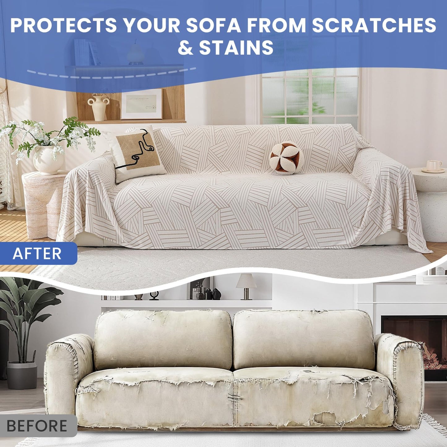 CYCMACO Boho Couch Cover for Dogs, 78"x134", Sofa Covers for 3 Cushion Couch, Washable Couch Covers for Sectional Sofa, Pet Sofa Slipcovers for Living Room, Couch Cover Blanket, Beige