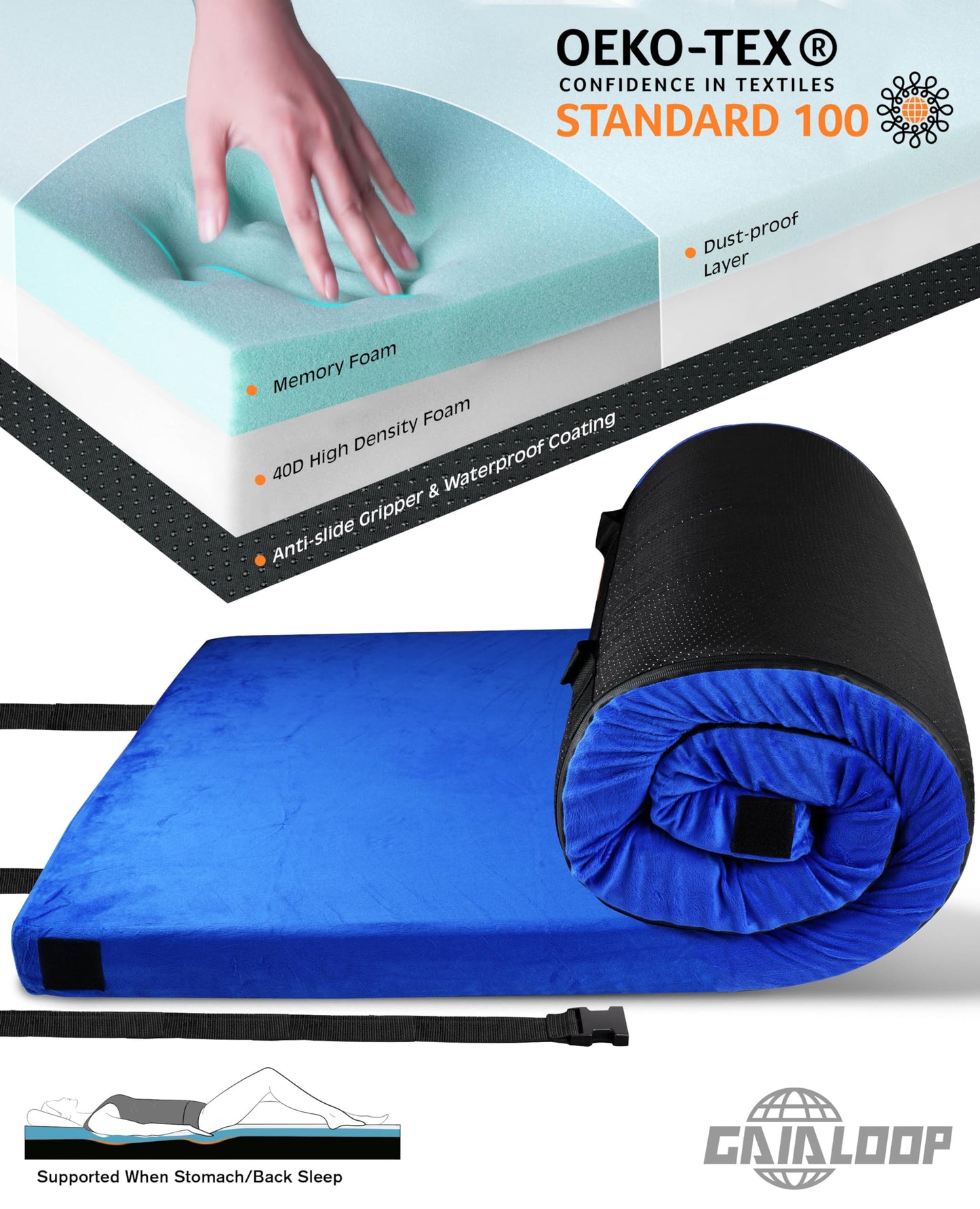 GAIALOOP 3 Inch Memory Foam Camping Mattress, Dual Layer Thick Sleeping Camp Pad for Car Tent Cot, Roll-Up Portable Glamping Floor Bed for Guests Sleepover[Cot: 72 * 24 * 3"]