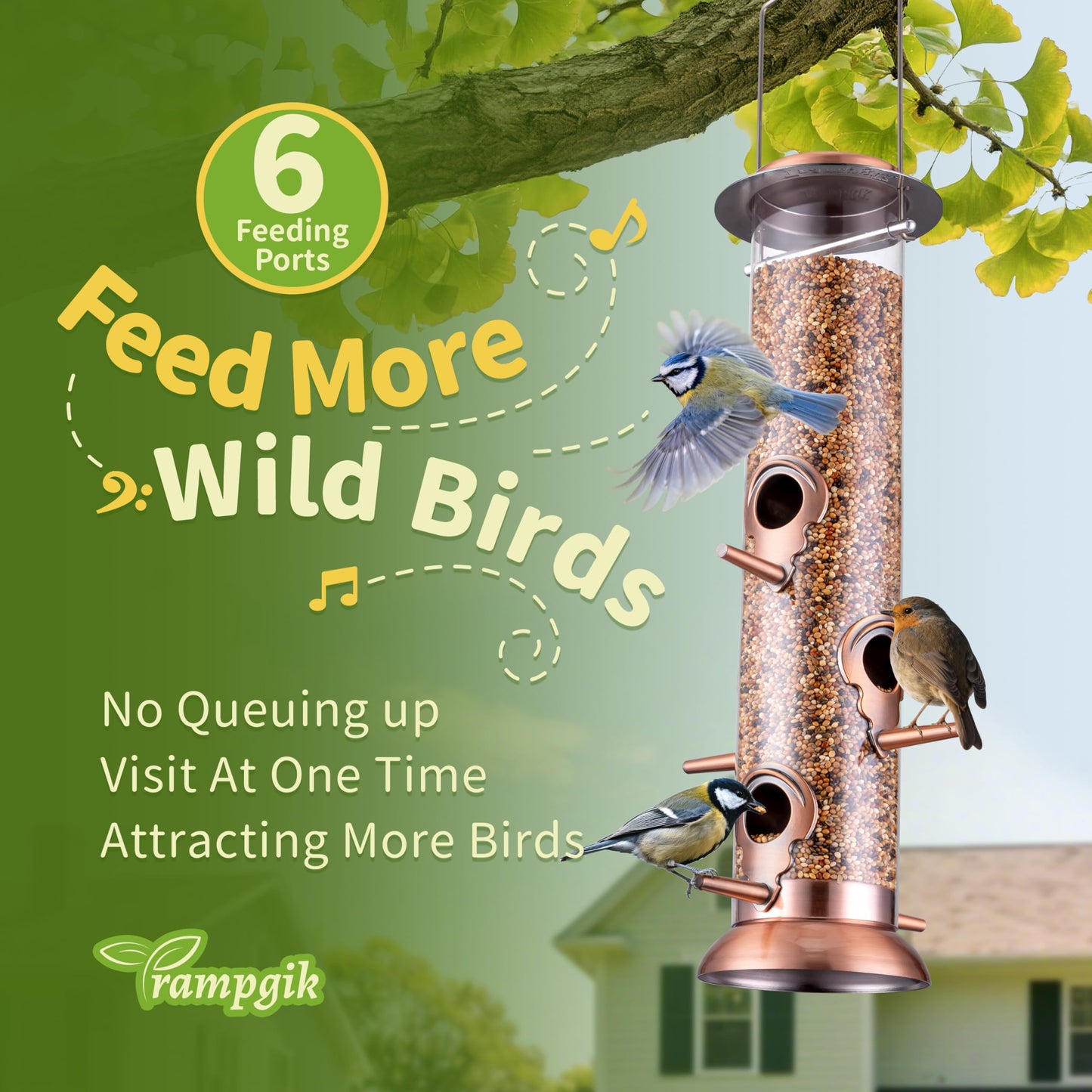 TrampgiK Bird Feeders for Outdoors,13 Inch 6 Ports Squirrel Proof Bird Feefers,Finch Feeder for Outside,Chew-Proof Metal Hanging Bird Feeder,Rust-Proof,Easy to Refill & Clean,Copper,Pack of 1