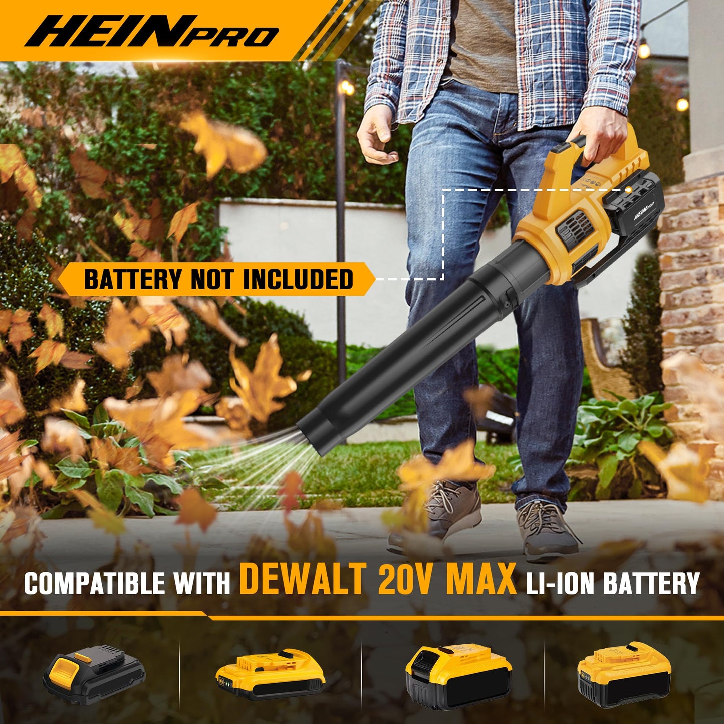 HEINPRO Cordless Leaf Blower Compatible with Dewalt 20V Max Battery 400CFM Electric Leaf Blower Cordless, Variable Speed, Turbo Mode, Leaf blowers Battery Powered for Lawn Care, Yard(Tool Only)