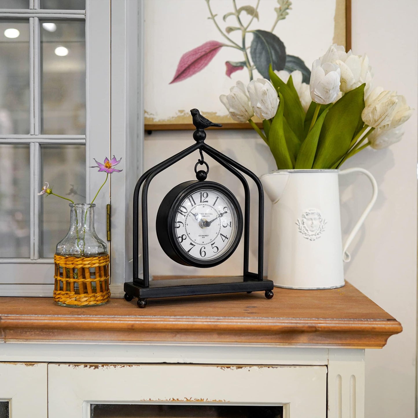 SOFFEE DESIGN 7.5'' x 10'' Mantel Clock Iron Tower Frame, Creative Bird Ornament Tabletop Clock, Silent Clock with Hollow Carved Back Cover for Home Decor, Black