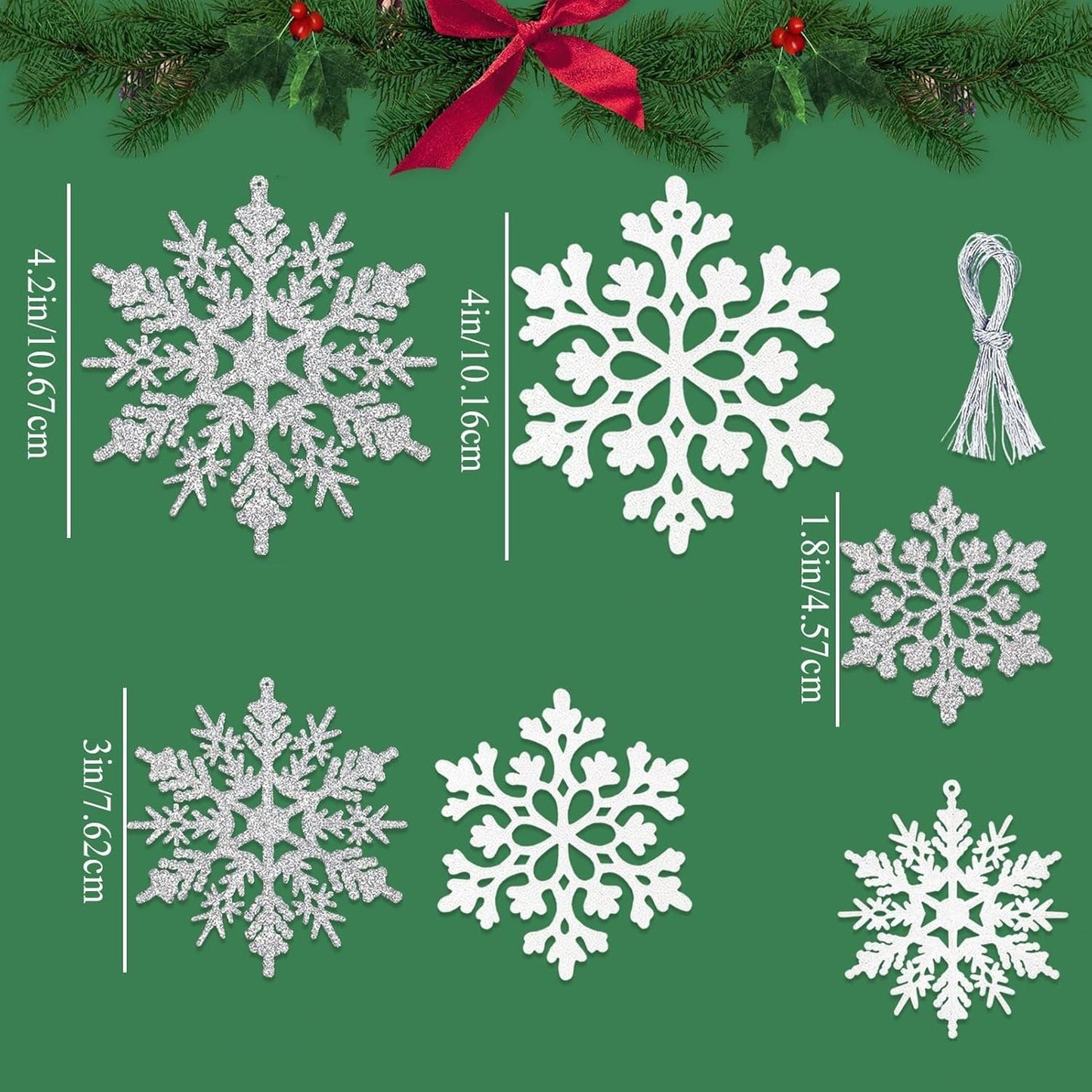 18Pcs White and Silver Christmas Snowflake Hanging Ornaments, Plastic Glitter Hanging Snow Flakes for Christmas Tree Winter Wonderland Frozen Birthday Party Holiday Home Decor Craft Snowflakes