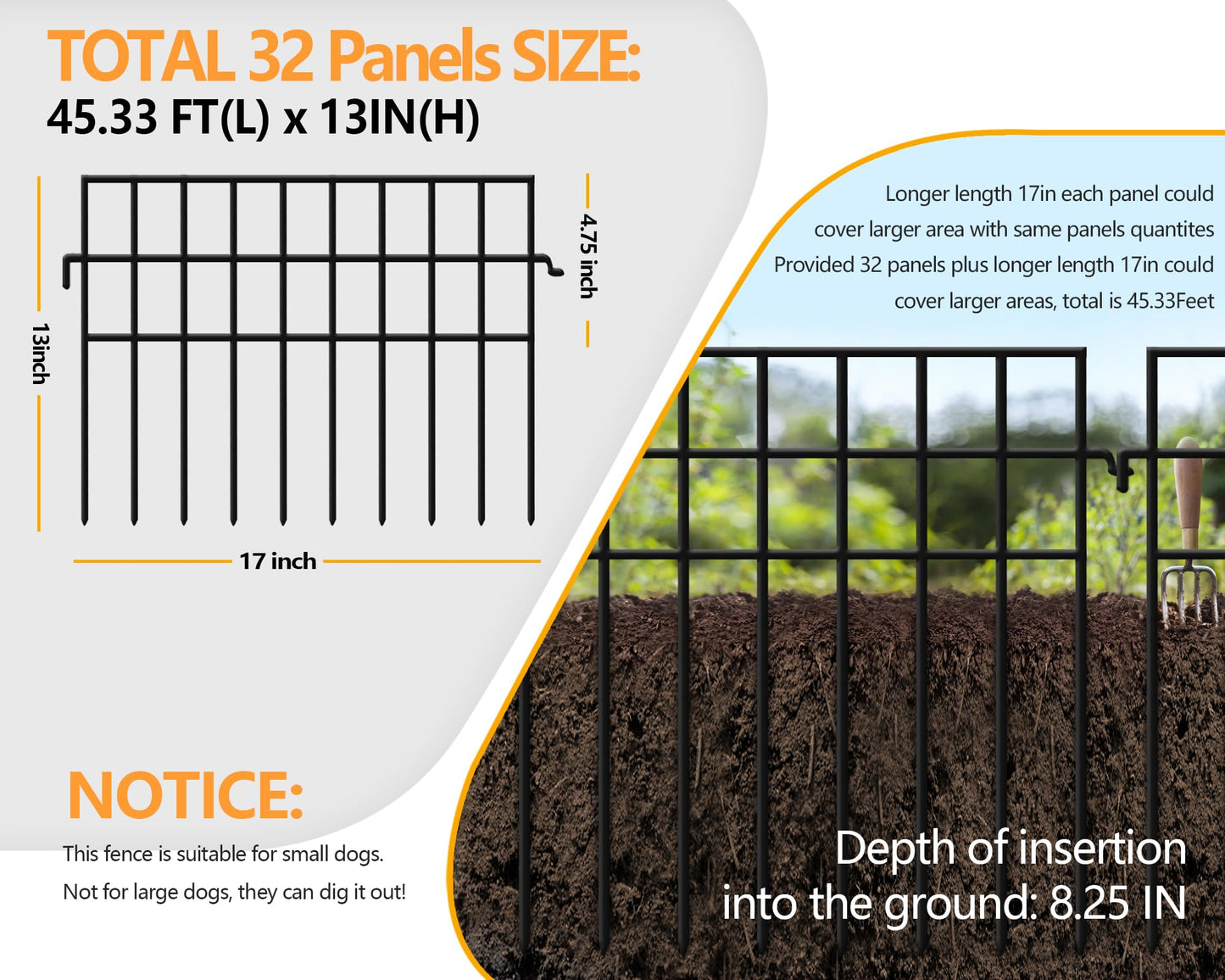 45.33ft(L) X 13in(H) Animal Barrier Fence No Dig, 32 Panels Rabbit Fences for Garden, Dog Digging Ground Defense Border Small Metal Fencing Under Barriers Blocker, Flower Bed, Patio