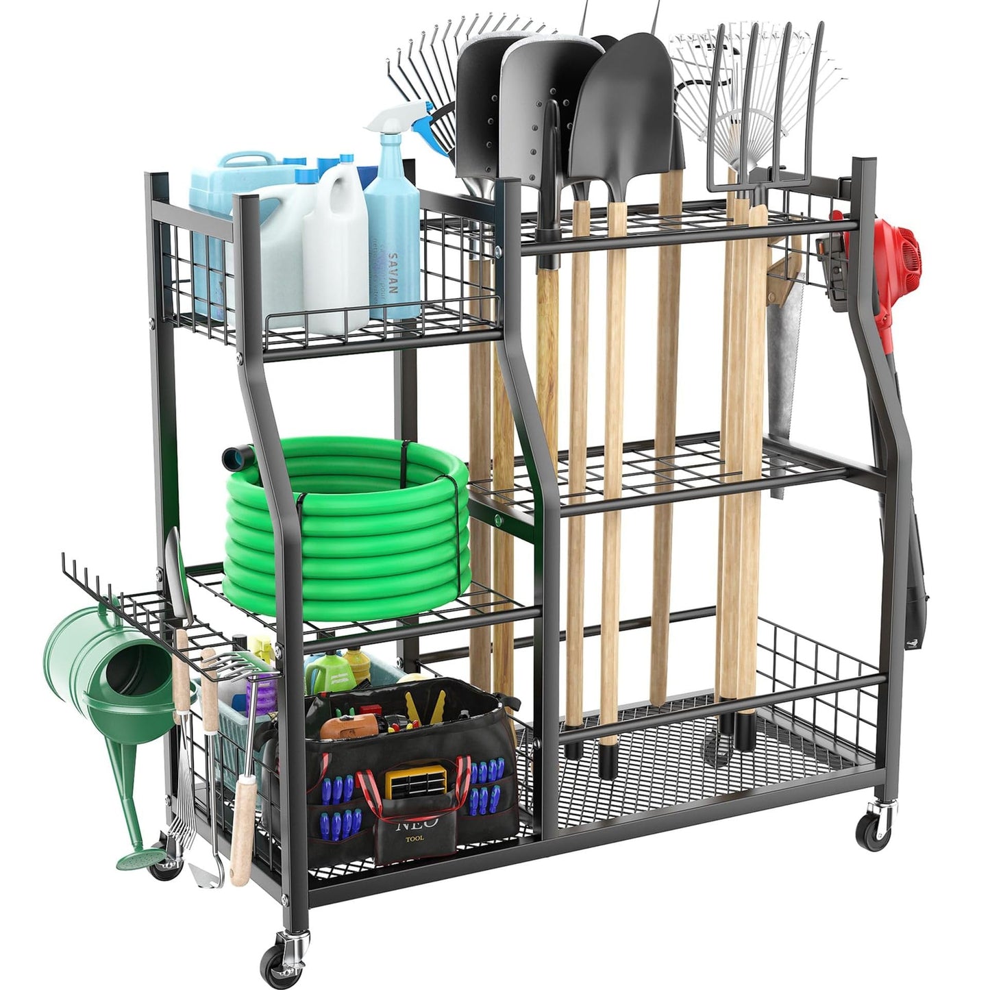 Extra Large Garden Tool Organizer Rack with Wheels, 3x2 Heavy Duty Garage Storage Stand Holds 60+ Tools, Black