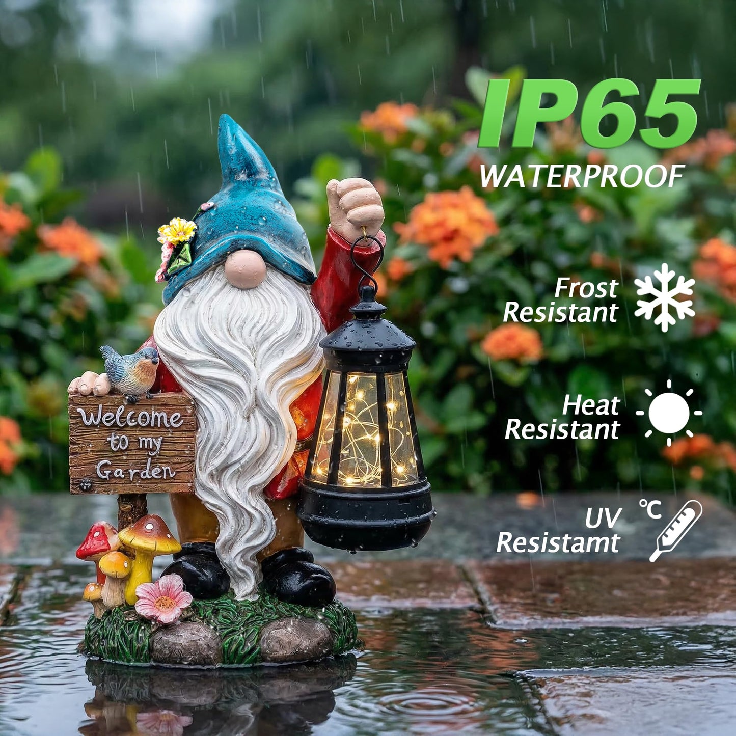 ZQQLITE Garden Gnome Statues Figurine Lights - Solar Powered Lighting Outdoor Decorations with Lantern & Welcome Sign, Yard Art Lawn Ornaments for Porch Patio Balcony - Gnome Gifts for Women Mom